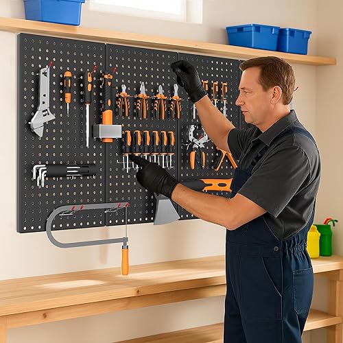 Miniatura 7 de Ultrawall Paquete de 4 paneles de metal con ganchos, organizador de herramientas de pared para garaje, 84 piezas de tablero de clavijas con
