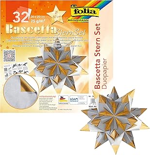 folia 366/2020 - Bastelset Bascetta Stern Duo silber/gold, 32 Blatt, 20 x 20 cm, fertige Größe des Papiersterns ca. 30 cm, mit ausführlicher Anleitung - ideal zur zeitlosen Dekoration