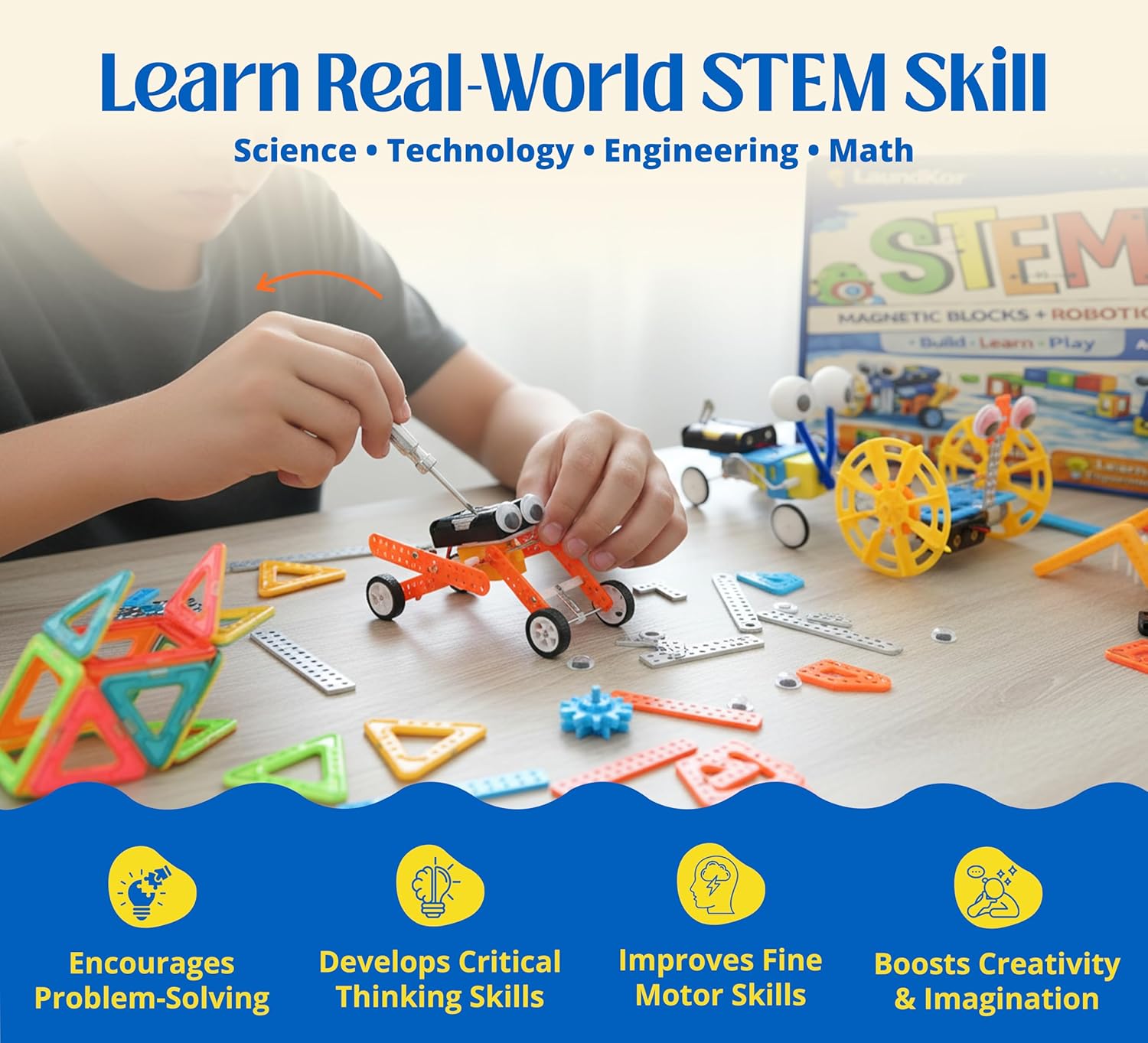 6-in-1 STEM Robotics Kit for Kids 6-12 – Build 6 Real Moving Robots + 32 Magnetic Blocks, Engineering Science Toy with Tools, Educational Gift Set for Boys & Girls