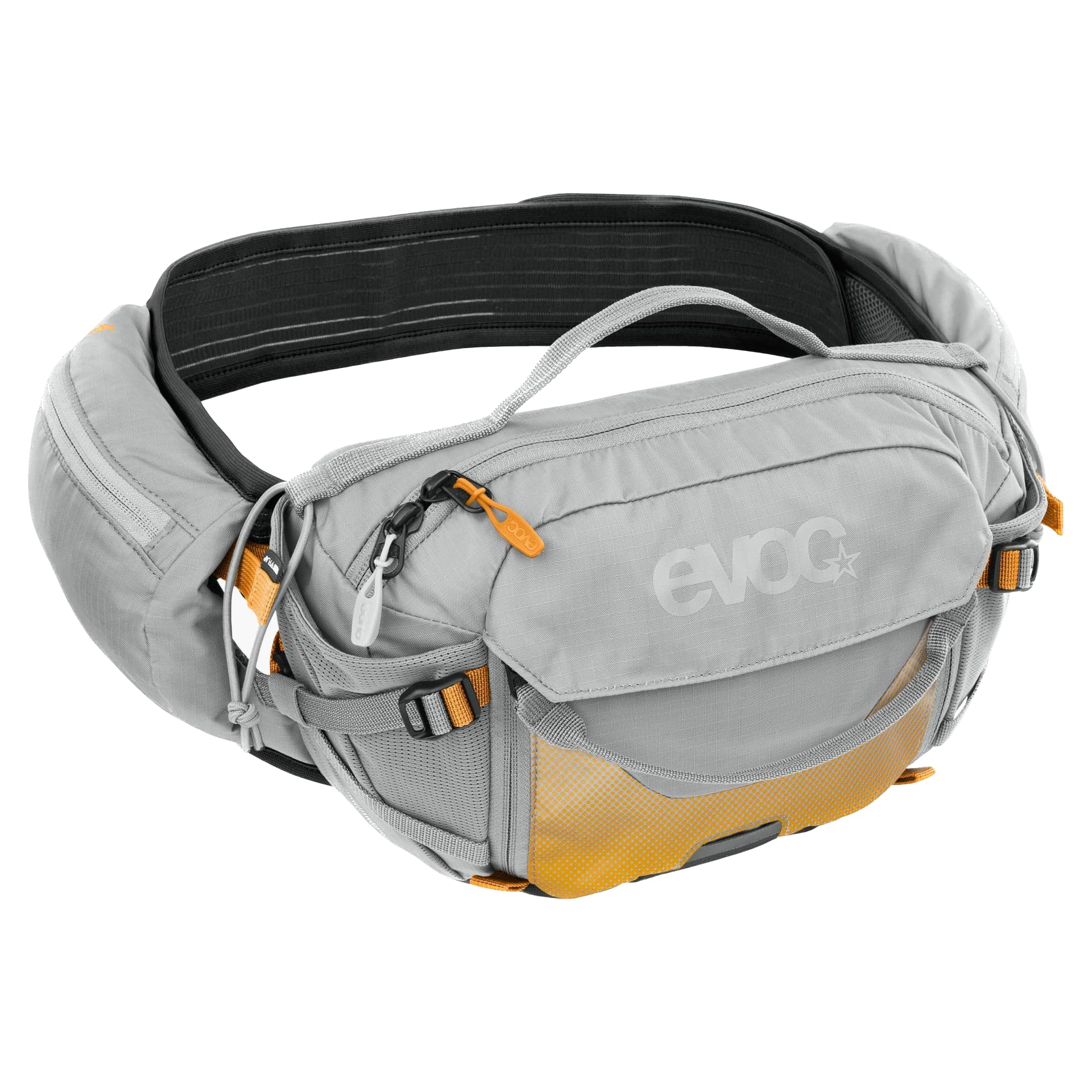 Torba biodrowa EVOC HIP PACK PRO E-RIDE 3 na wycieczki rowerowe i szlaki (pojemność 3 l, AIRFLOW CONTACT SYSTEM, pas biodrowy AIRO FLEX, system VENTI FLAP, uchwyt na butelkę), kolor: kamienny szary