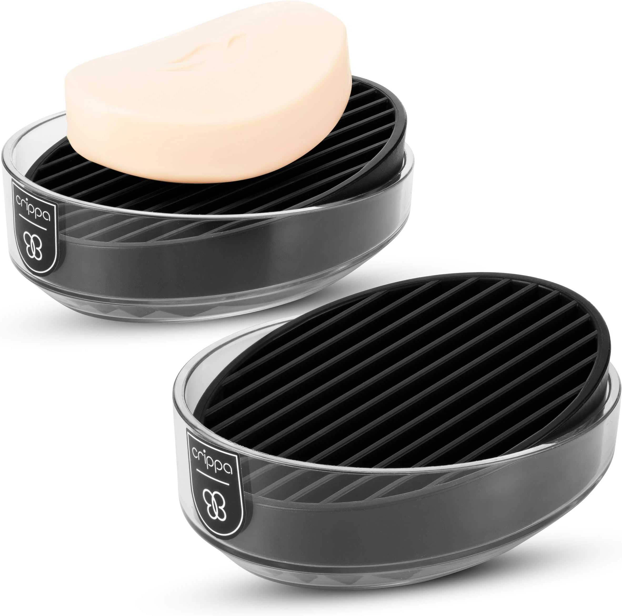Crippa Bathroom Soap Dish | 2-Pack Bar Soap Holder with Draining Tray | Plastic Soap Dishes for Shower | Non-Mushy & Easy to Clean | Clear