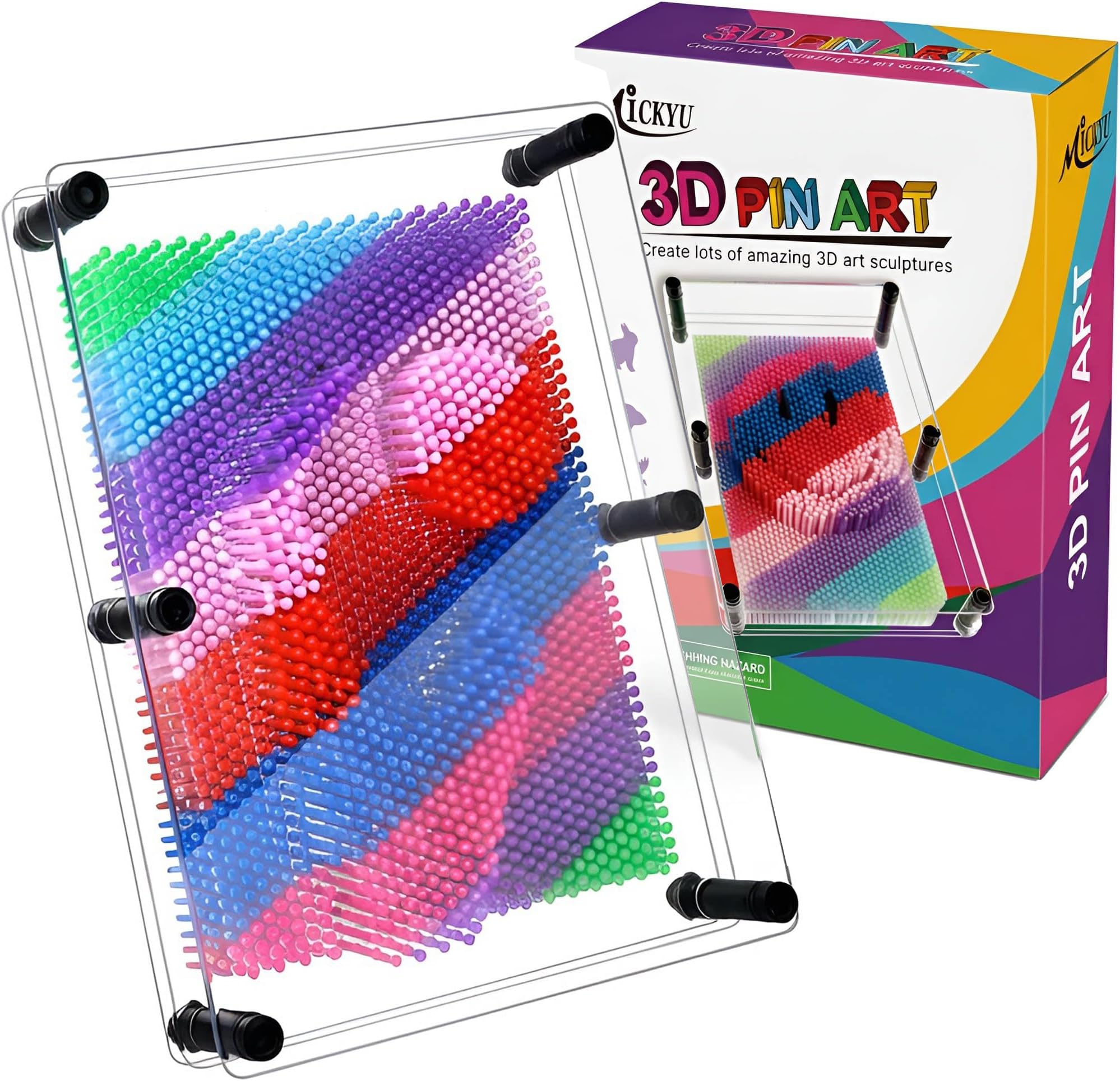 MICKYU 3D Pin Art Board, Rainbow Pin Impression Toy for Kids Teens and Adults, Classic Desk Sculpture Novelty Toy for Handprints, Shapes and Small Objects, 6 x 8 Inch