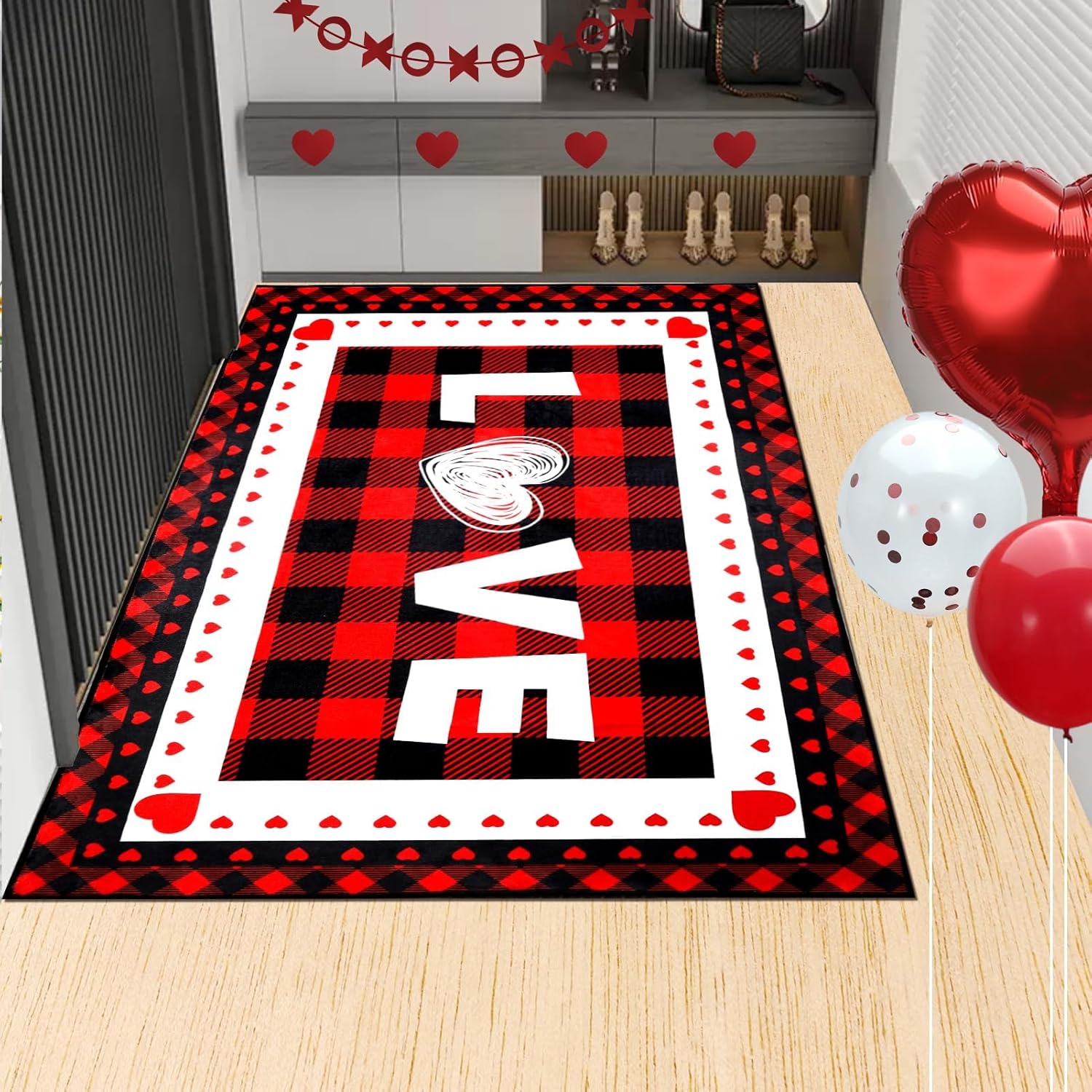 Svepndic Valentine's Day Mat 32"x48" Non Slip Holiday Floor Mat,Welcome Doormat Red Front Door Rug,Washable Entrance Door Mats Low Profile Buffalo Plaid Rug Love Heart Decorative Doormat