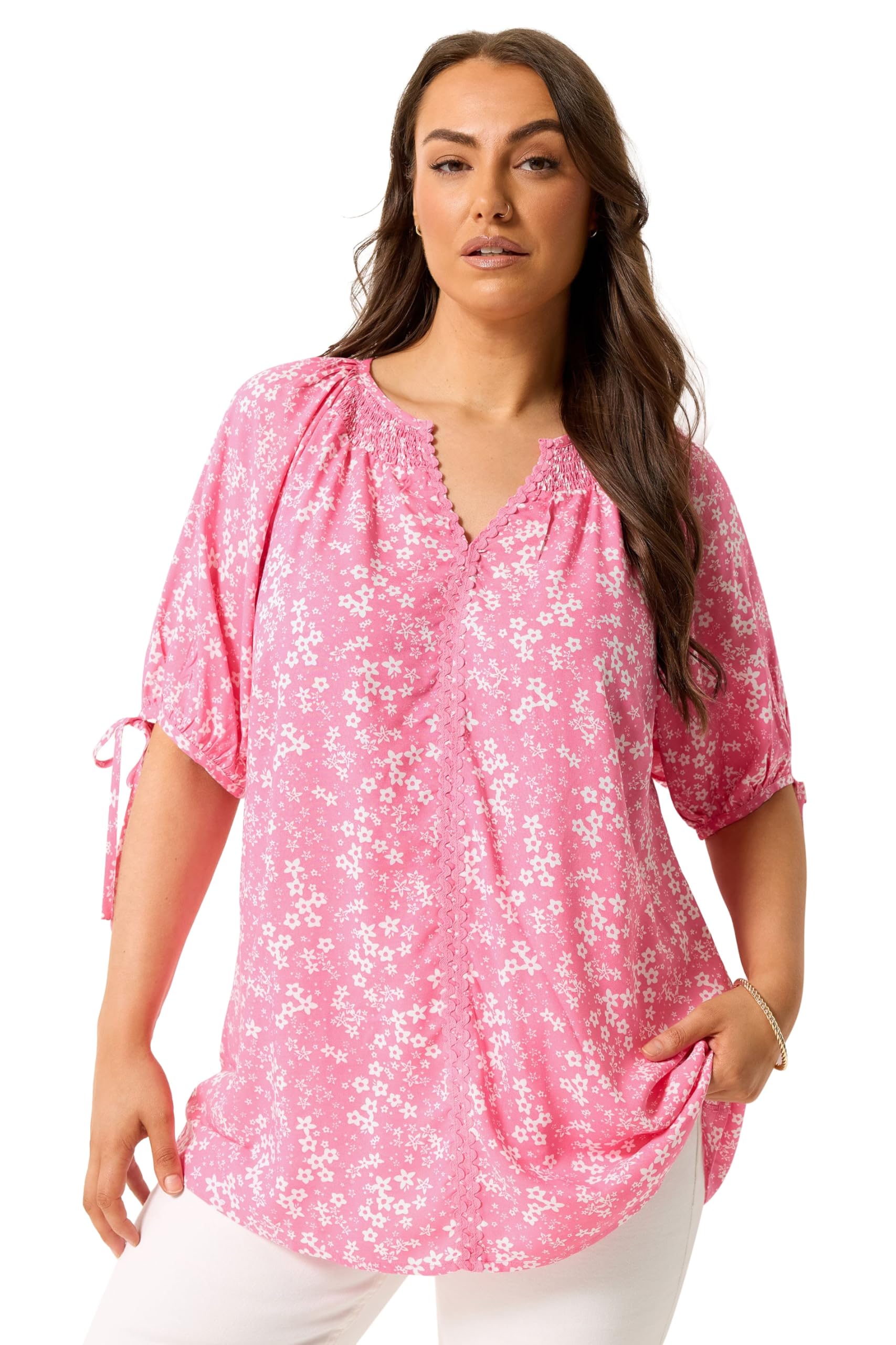 Yours Curve Pink Floral Contrast Trim Blouse - Women's - Plus Size Curve
