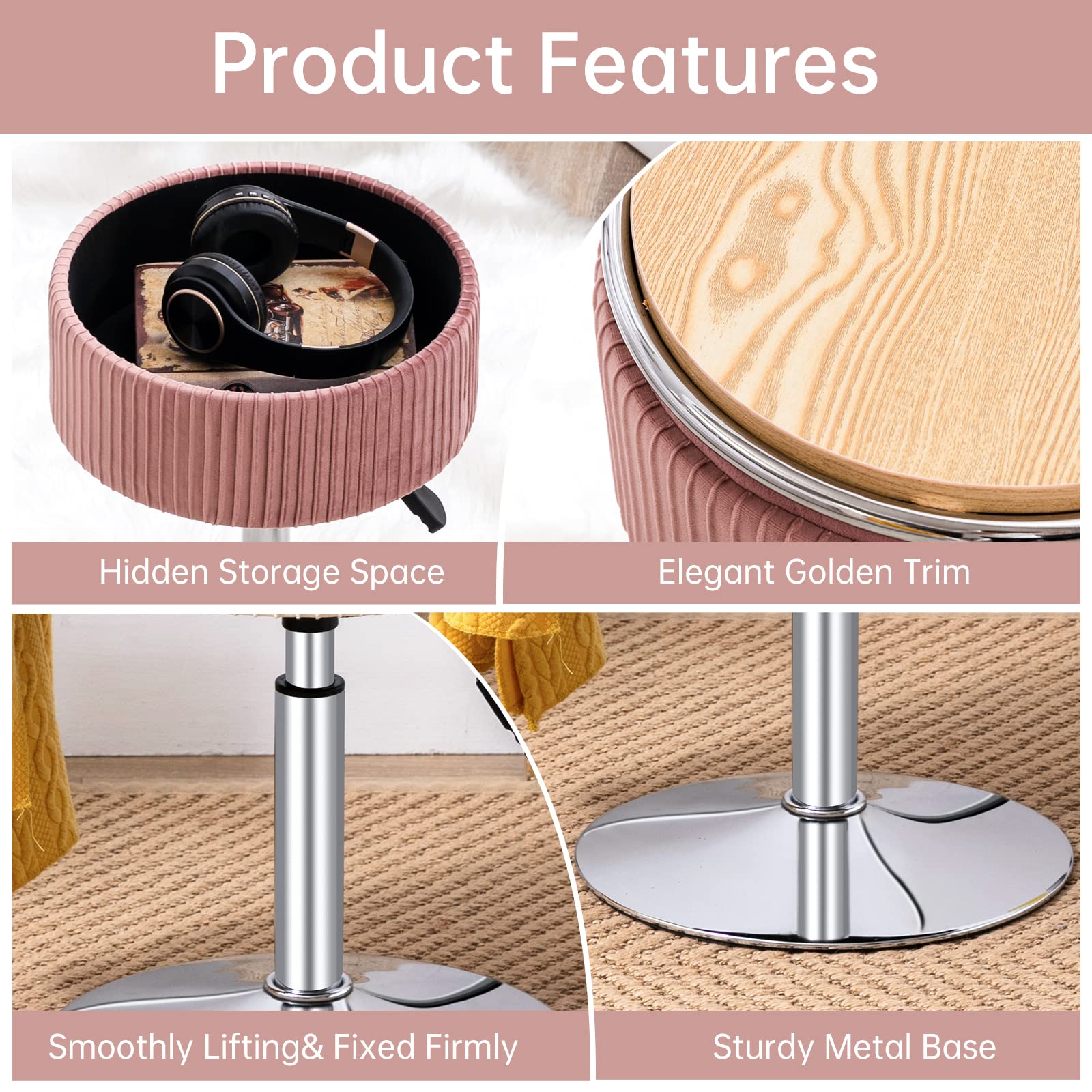 Round Storage Vanity Stool, 360° Swivel Height Adjustable Stool Chair, Pink Vanity Stool Chair for Makeup Room, Velvet Stool for Vanity With Storage, Vanity Ottoman Chair for Bathroom Living Room