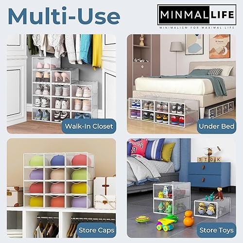 Miniatura 7 de Cajas de zapatos con frente caída, plástico transparente, apilables, paquete de 6 cajas de almacenamiento de zapatos, almacenamiento de tenis,