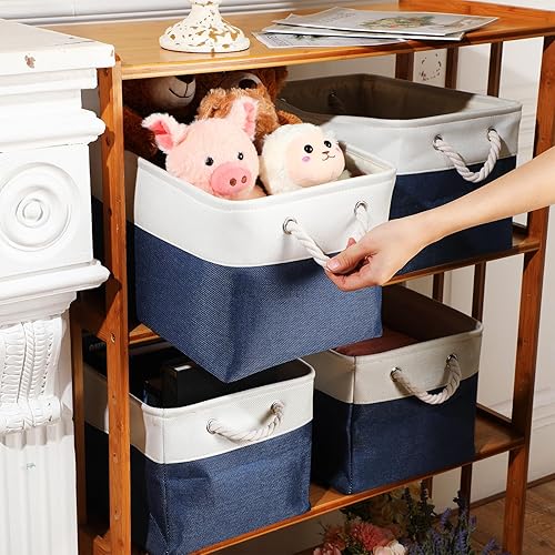 Vista 54 de meekoo Paquete de 8 contenedores plegables de almacenamiento de tela, cestas de tela de poliéster con asas, organizador de armario de lino para Gris