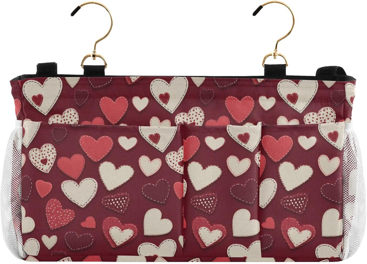 Bedside Storage Caddy For Dorm Valentines Hearts Patch Red Side Bed Organizer Hanging Pocket Bag for Water Bottles, Magazines, Phone, Glasses organizador de cama noche