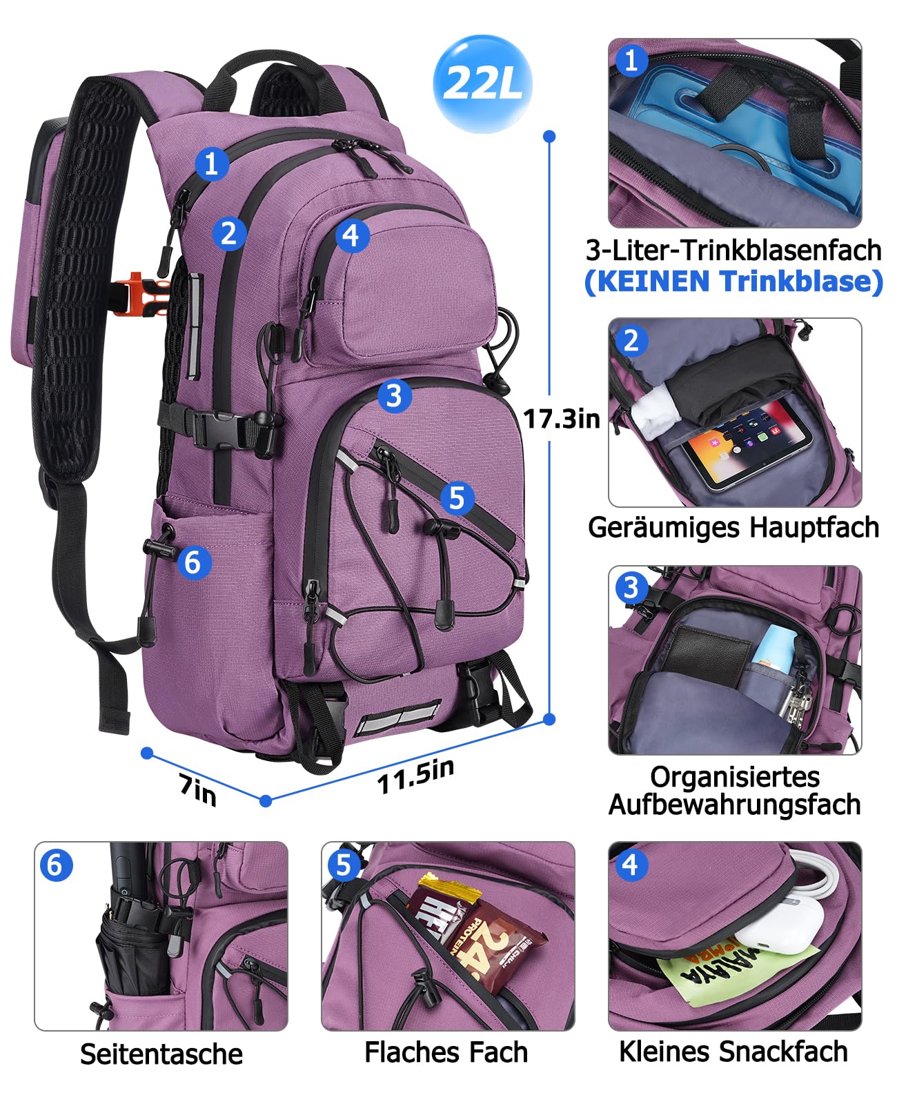 Sac à dos de randonnée 22 l pour homme et femme, petit sac à dos léger avec support pour téléphone, sac à dos de trekking avec bandes réfléchissantes pour cyclisme, camping, randonnée, lilas
