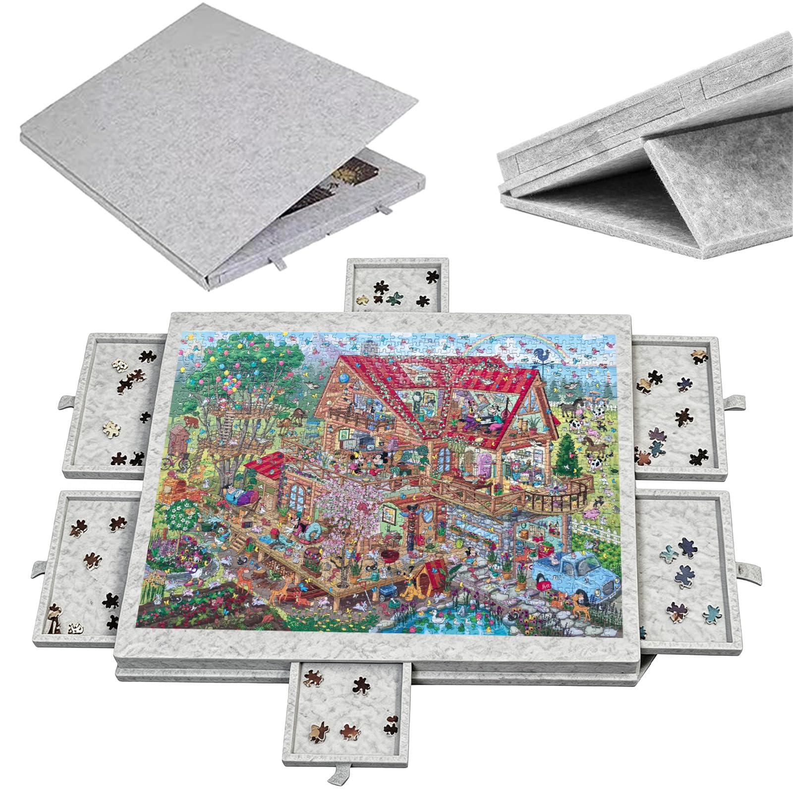 Deska do puzzli z 6 szufladami, nachylony stół puzzli | 1500 elementów filcowych puzzli, deska do puzzli ze stojakiem 2 w 1 i pokrywą, lekka i przenośna dla dorosłych i dzieci