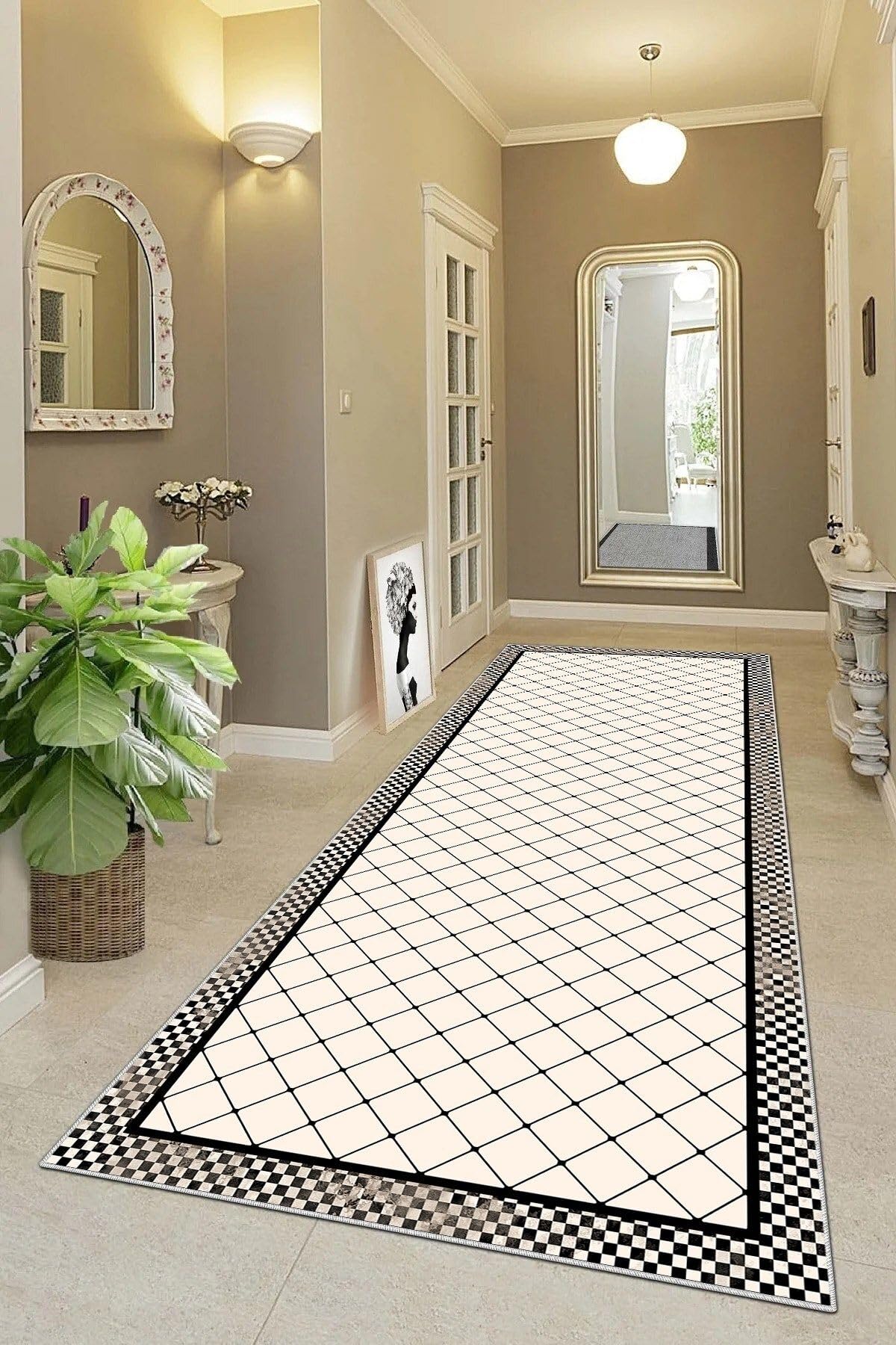 Pelangi Geometrik Desenli Dijital Baskı Yıkanabilir Kaymaz Taban Etnik Modern Desen Salon Halı, Bej-Siyah 80 x 300, 9555375803007