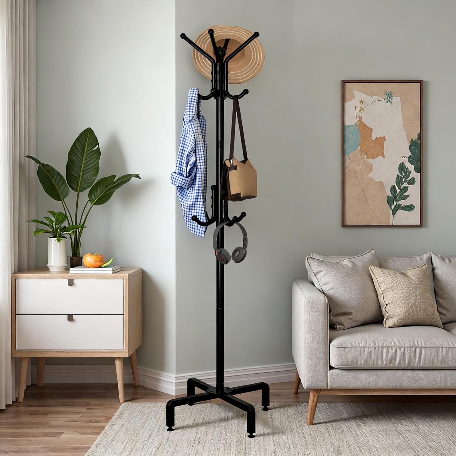 PSHUN RIGH/Kertnic 12-Hook Freestanding Metal Coat Rack: Universal for Entryway, Hallway, Bedroom & Office - Stylish Storage Rack for Coats, Hats, Scarves & Bags (Black)
