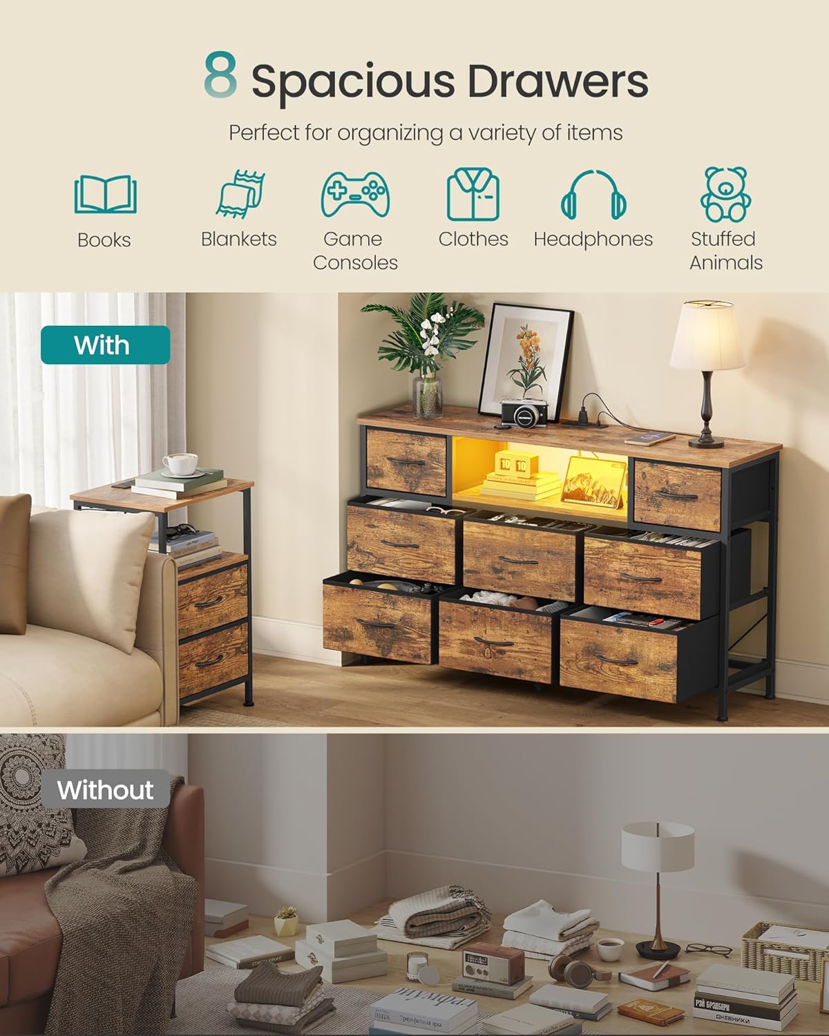SONGMICS BELLAH Collection - Dresser for Bedroom with Outlets and LED Lights, TV Stand for TVs Up to 55 Inches, Chest of Drawers, 8 Drawers, Steel, Industrial, Rustic Brown and Ink Black ULGS433KD02S