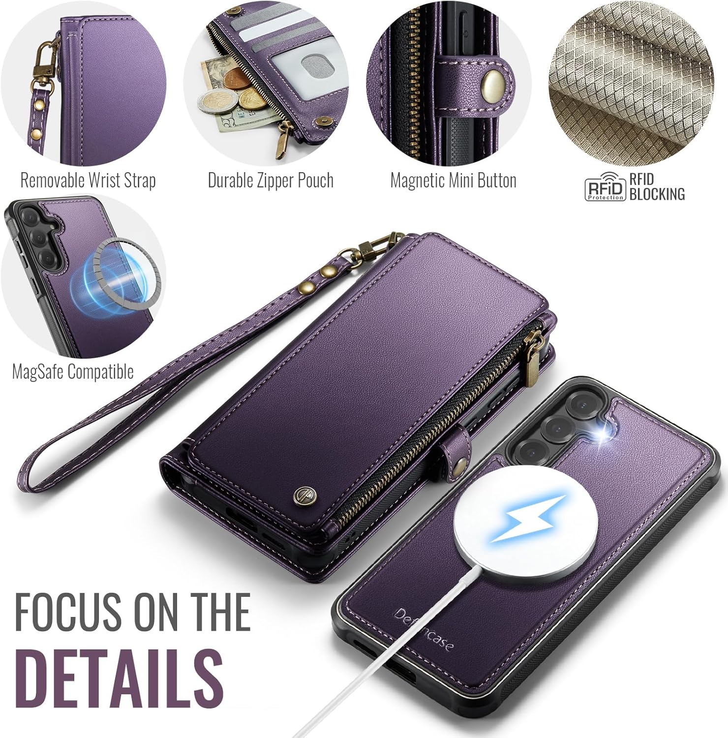 Defencase for Galaxy S24 FE Magnetic Wallet Case Compatible with Magsafe RFID Blocking Zipper Card Holder for Women Men PU Leather Strap Detachable Case for Samsung Galaxy S24 FE 5G 6.7", Purple