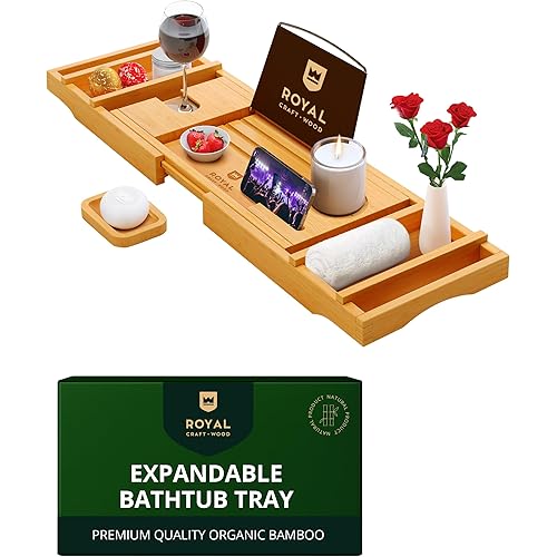 Non-Foldable Bathtub Tray Caddy for Tub, Bamboo Bath Shelf, Premium Wood Bath Table, Expandable Bathtub & Bathroom Accessories, New Home Gifts for Mom, Housewarming, Anniversary