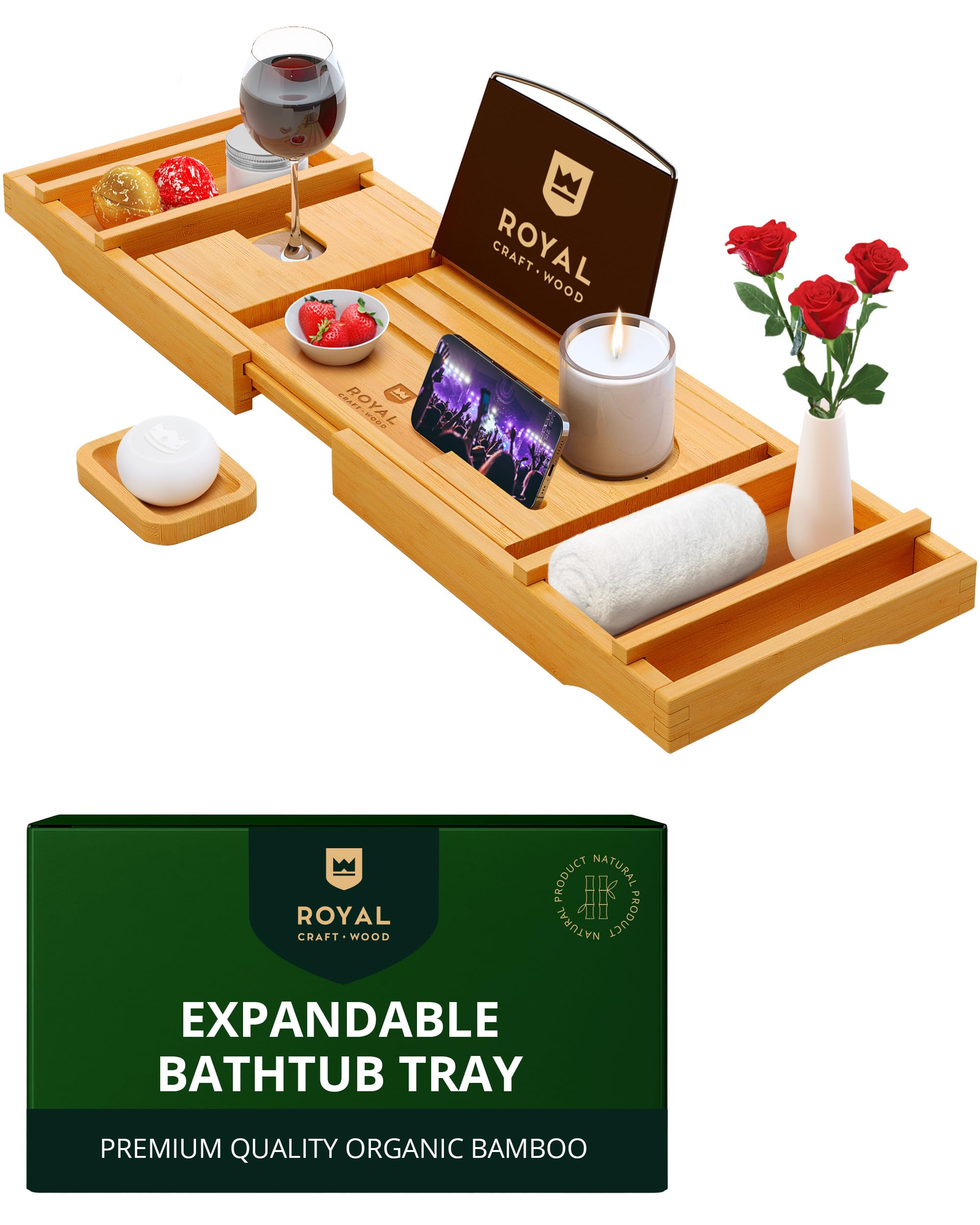 Non-Foldable Bathtub Tray Caddy for Tub, Bamboo Bath Shelf, Premium Wood Bath Table, Expandable Bathtub & Bathroom Accessories, New Home Gifts for Mom, Housewarming, Anniversary