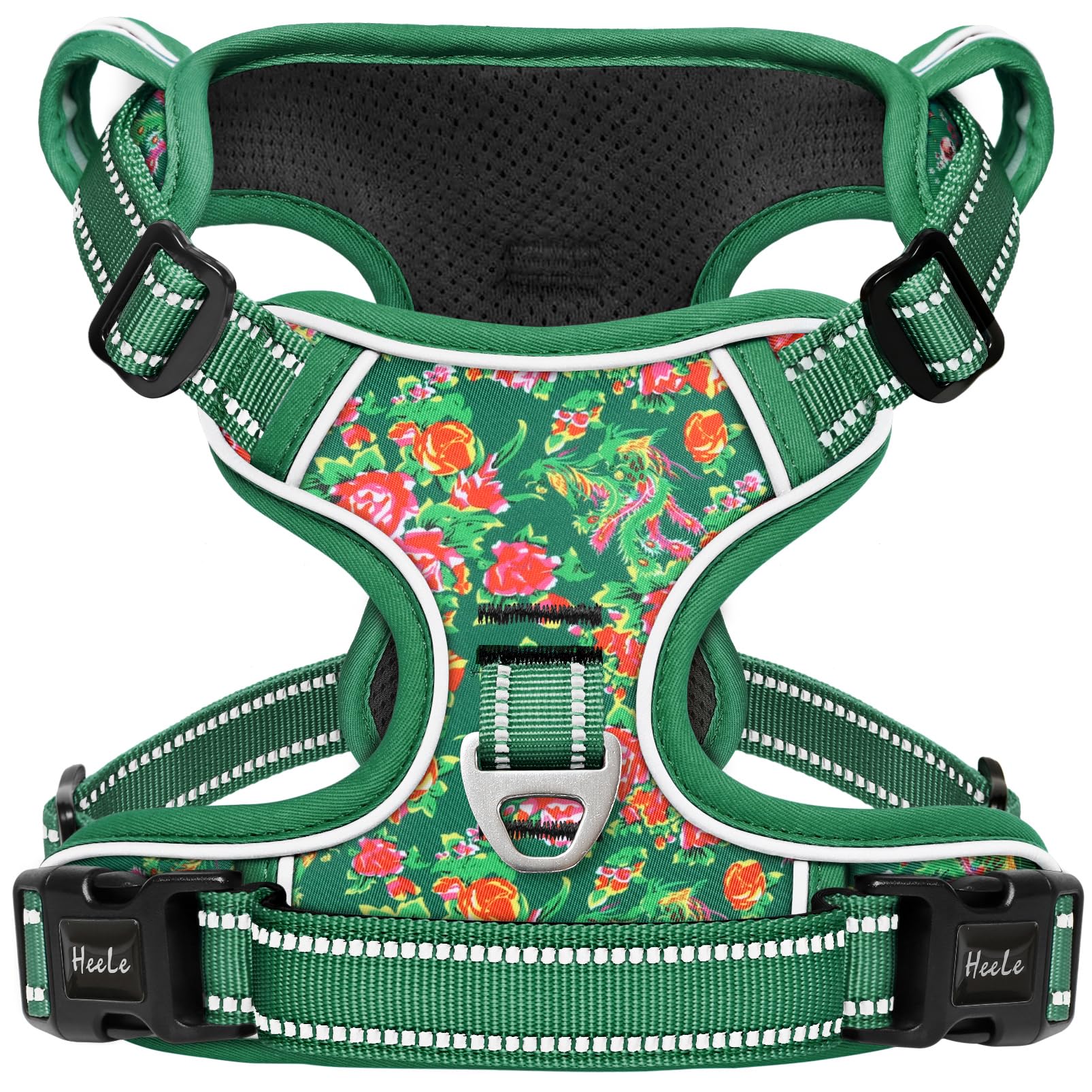HEELE Pettorina Cane Taglia Piccola con Motivo Stampato, Riflettente Pettorina Addestramento Cani Anti Tiro con 2 Ganci in Metallo + Maniglia, Gilet per Cani Regolabile, Fiore-Verde, XS