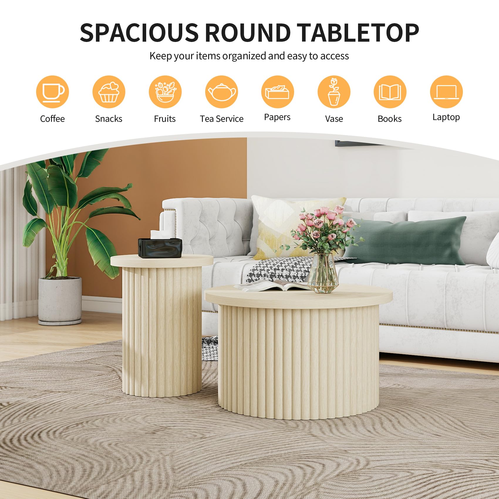 Modernes 2er Set runder Couchtische mit Wellenförmigem Design und Holzmaserung, Naturfarbe – Stilvolle Beistelltische für Wohnzimmer, Schlafzimmer, Arbeitszimmer, Balkon