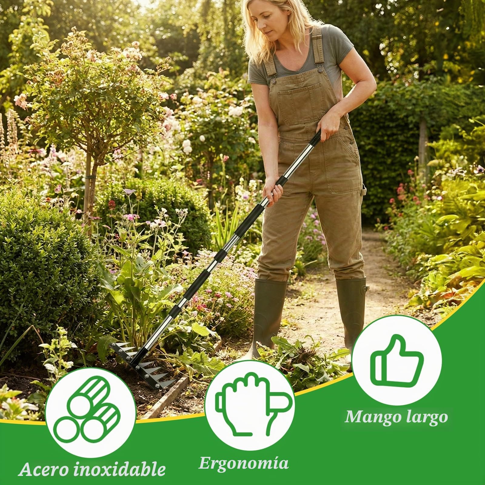 GAESHOW Rastrillo de Deshierbe con Mango Ajustable de 155 cm, Rastrillo para Malezar, Rastrillo Jardin de 8 Dientes de Acero Inoxidable para una Eficiente EliminacióN de Suelo