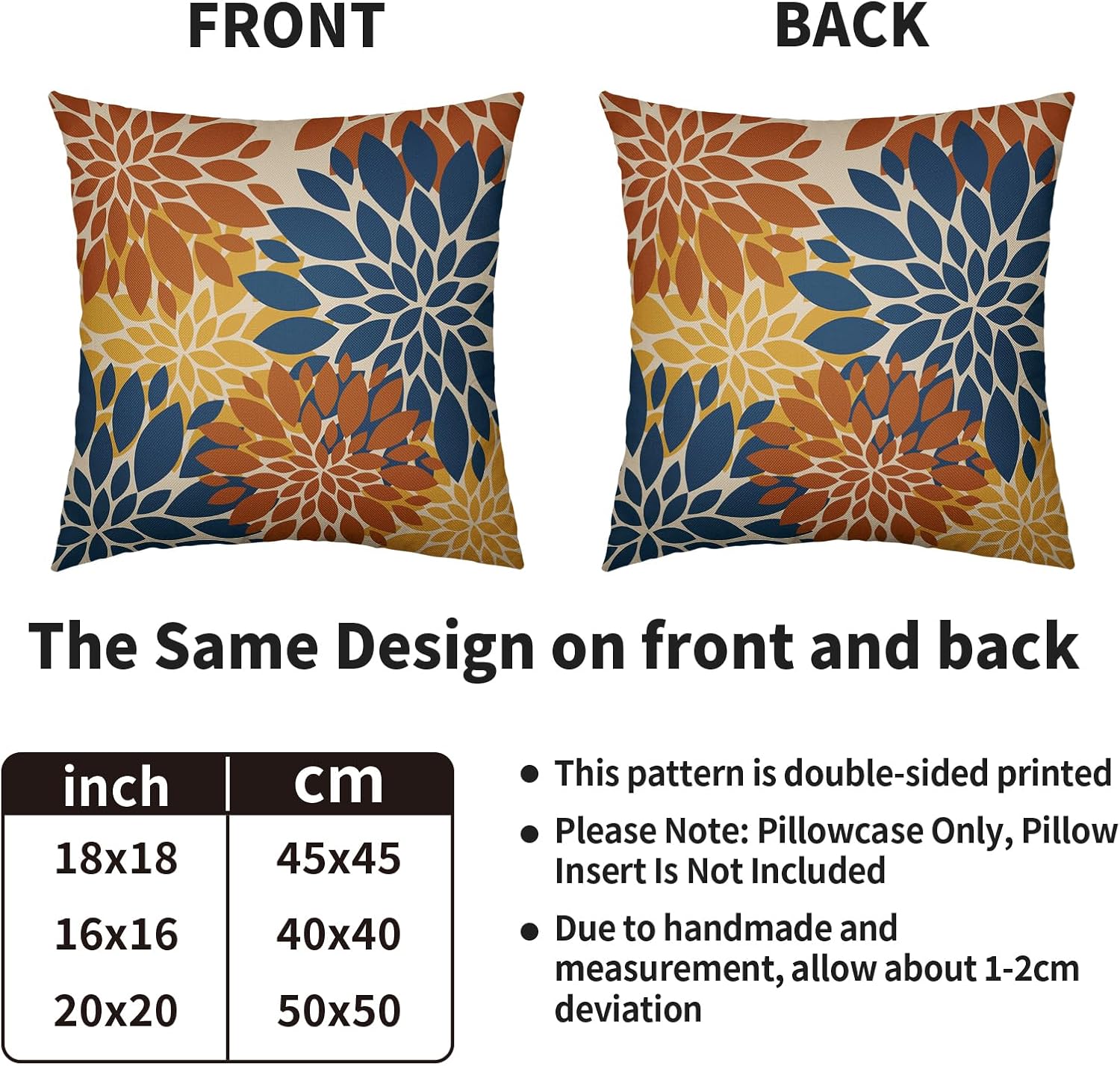 Blue Orange Yellow Pillow Covers 24X24 Inch Set of 2, Modern Dahlia Floral Print Decorative Throw Pillow Covers Outdoor Farmhouse Cushion Case for Home Couch Sofa Bed Decoration