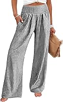 ANRABESS Women's Striped Gingham Palazzo Pants Wide Leg High Waisted Lounge Pajama Trousers with Pockets