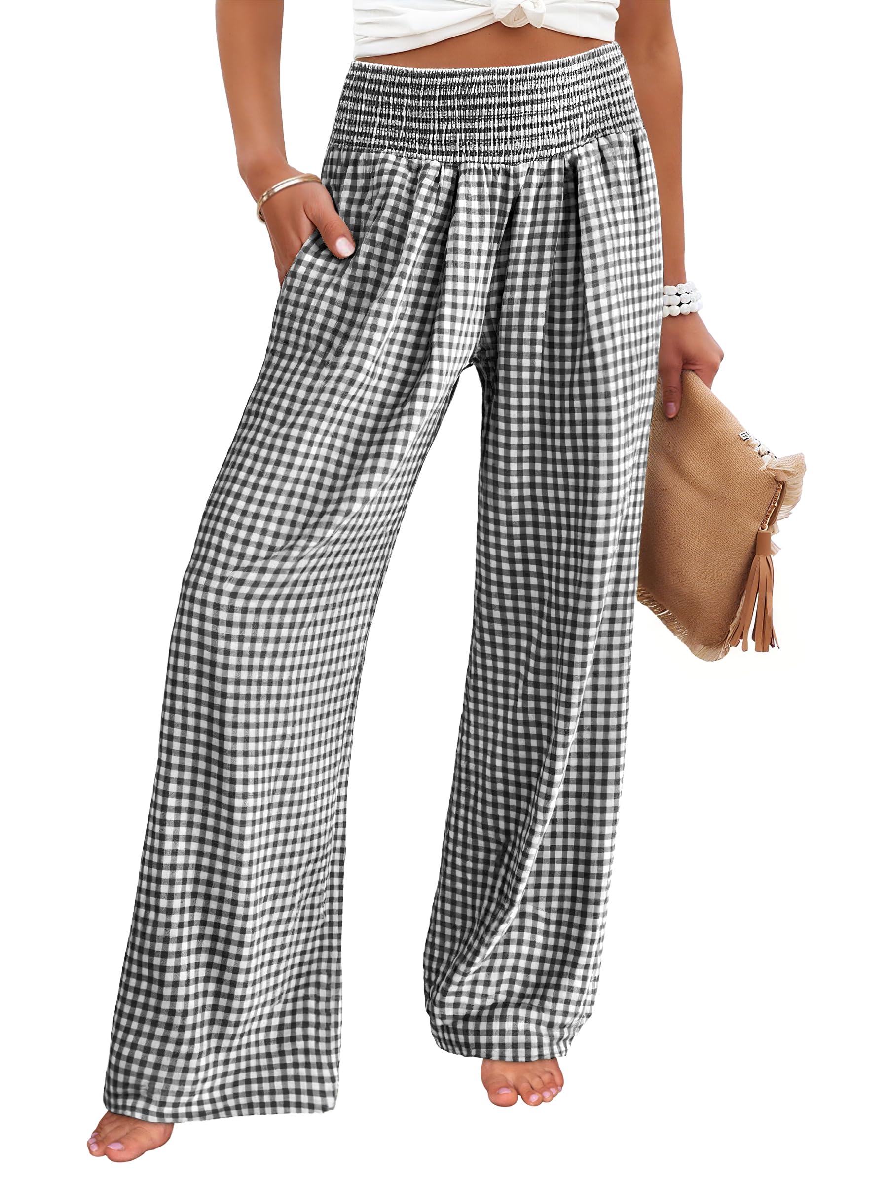 ANRABESS Womens Palazzo Pants, Striped & Gingham, Lounge & Casual, Cute Pajama Pants, Wide Leg, High Waisted, Pockets
