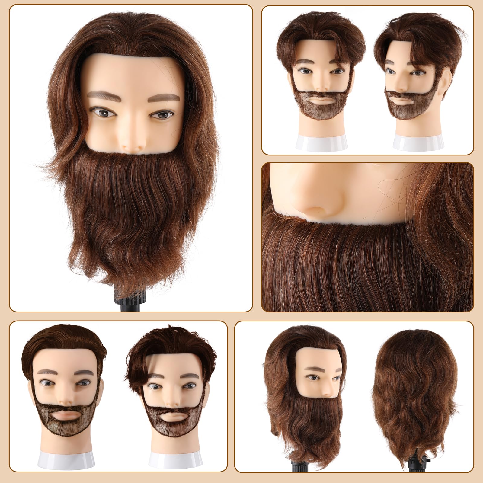 Mann Frisierkopf 100% Echthaar mit Bart Männlich Übungskopf Echthaar Friseur Kopf Puppenkopf Mannequin Kopf Mit Tischklemme + Kammsatz(19 Zoll)