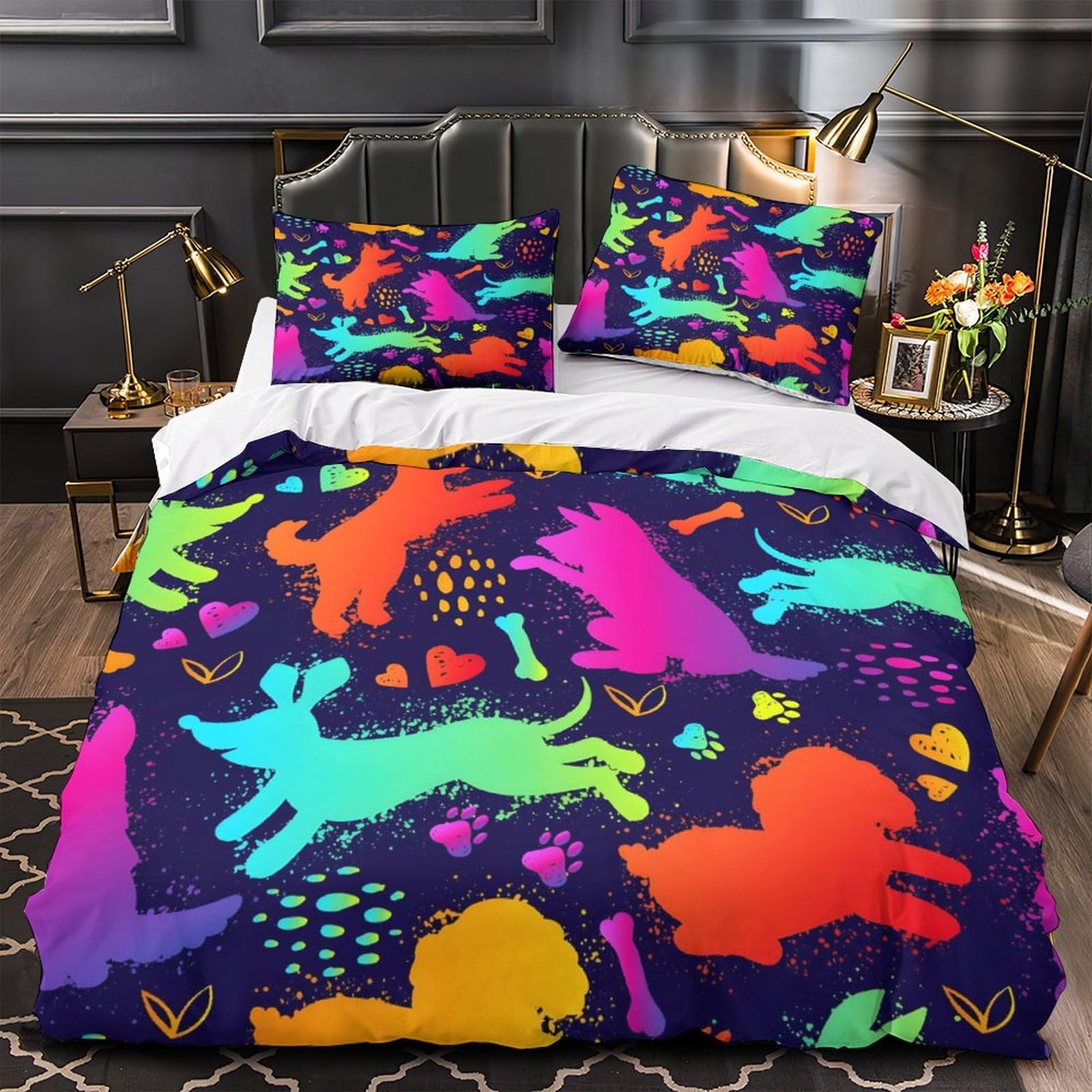 GDEKCIEAS Neon Cute Dogs Funny Puppies Girls Bedding Set,3Pcs Ultra Soft Duvet Cover,Breathable Microfiber Quilt Cover for Teens,Boys,Kids,Adults,Home Decor,Easy Care,Zipper King（220x240cm）
