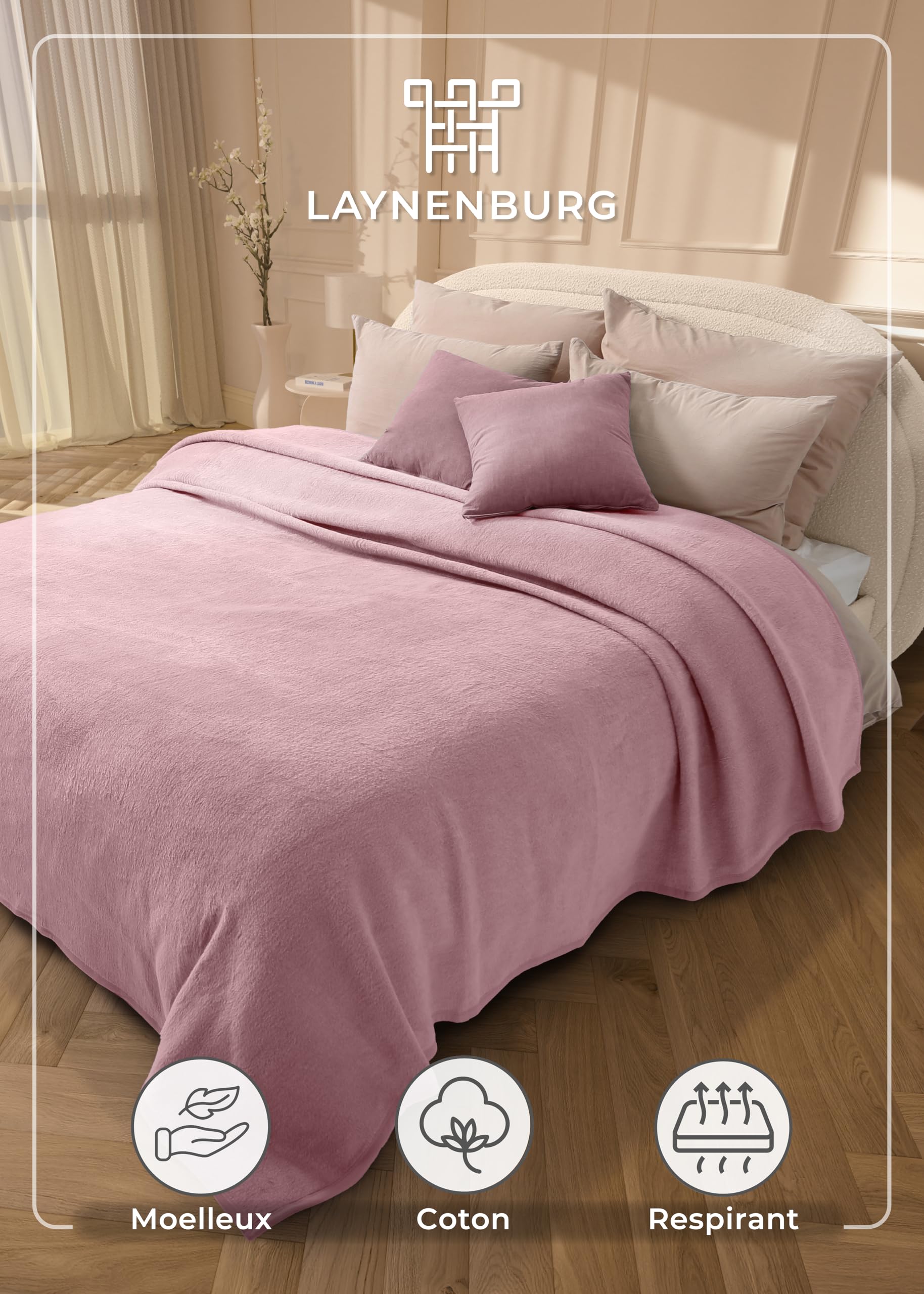 LAYNENBURG Couverture en Coton Haut de Gamme 150x200 cm – Öko-TEX 100 – Douce Couverture en Tissu mélangé Coton – Plaid pour canapé, Salon et Canapé (Vieux Rose)