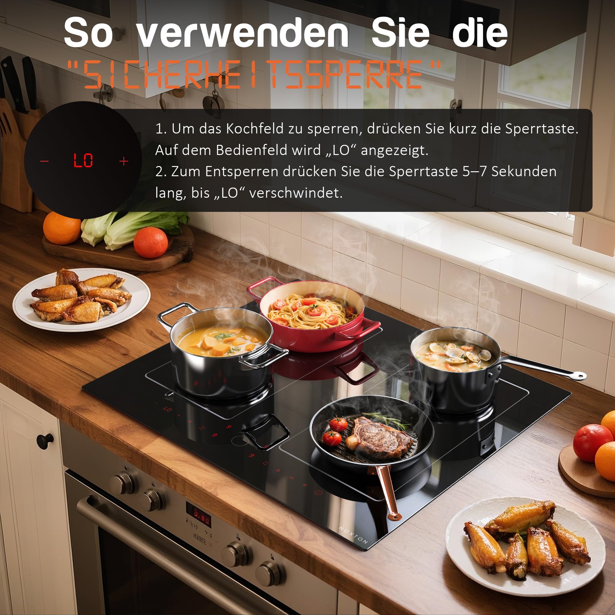 NOXTON Induktionskochfeld 4 Platten mit Doppelte Flexzonen, Induktionsfeld 60 cm Einbau mit Booster, Touch-Steuerung, Timer, Kindersicherung, Pause, 7200W, 220V-240V, Keine Stecker | Doppelte Flexzonen, Booster, Touch-Steuerung, Timer, Kindersicherung, Pa