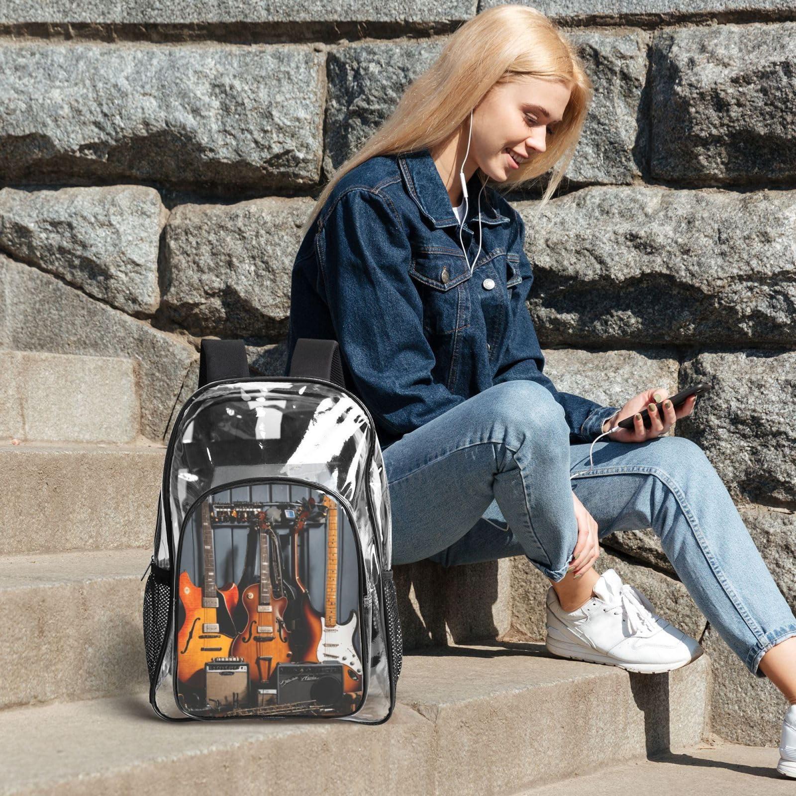 Gitara elektryczna nadruk przezroczysty plecak zestaw unisex 3-częściowy przezroczysty torba na lunch piórnik podróżny na zewnątrz
