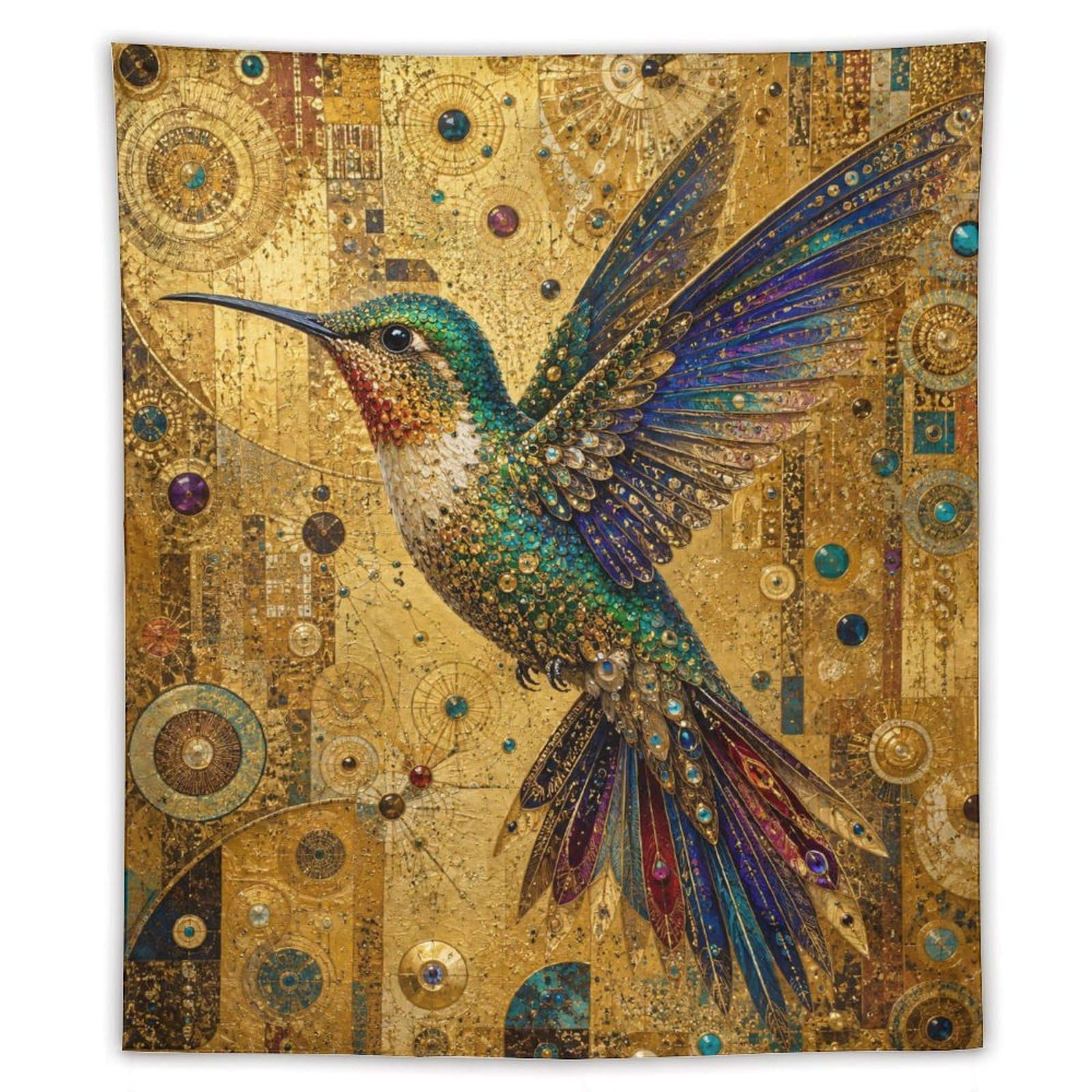 W7C8U2X3 Golden Hummingbird Collage Wall Tapestry, Oil Painting, Entryway