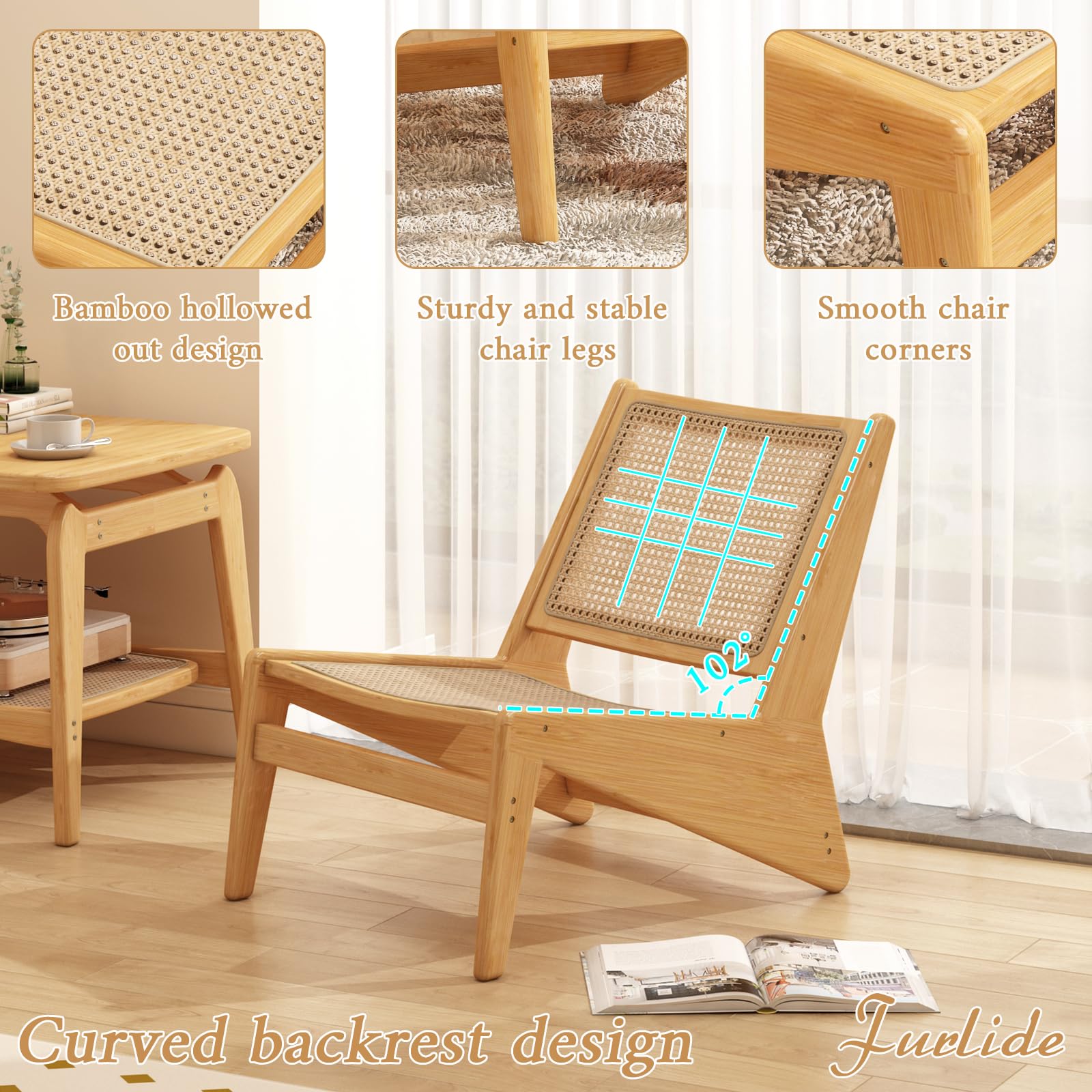 Silla decorativa de ratán para sala de estar, silla auxiliar de mediados de siglo, cómodas sillas de bambú para dormitorio, sala de lectura, madera 8