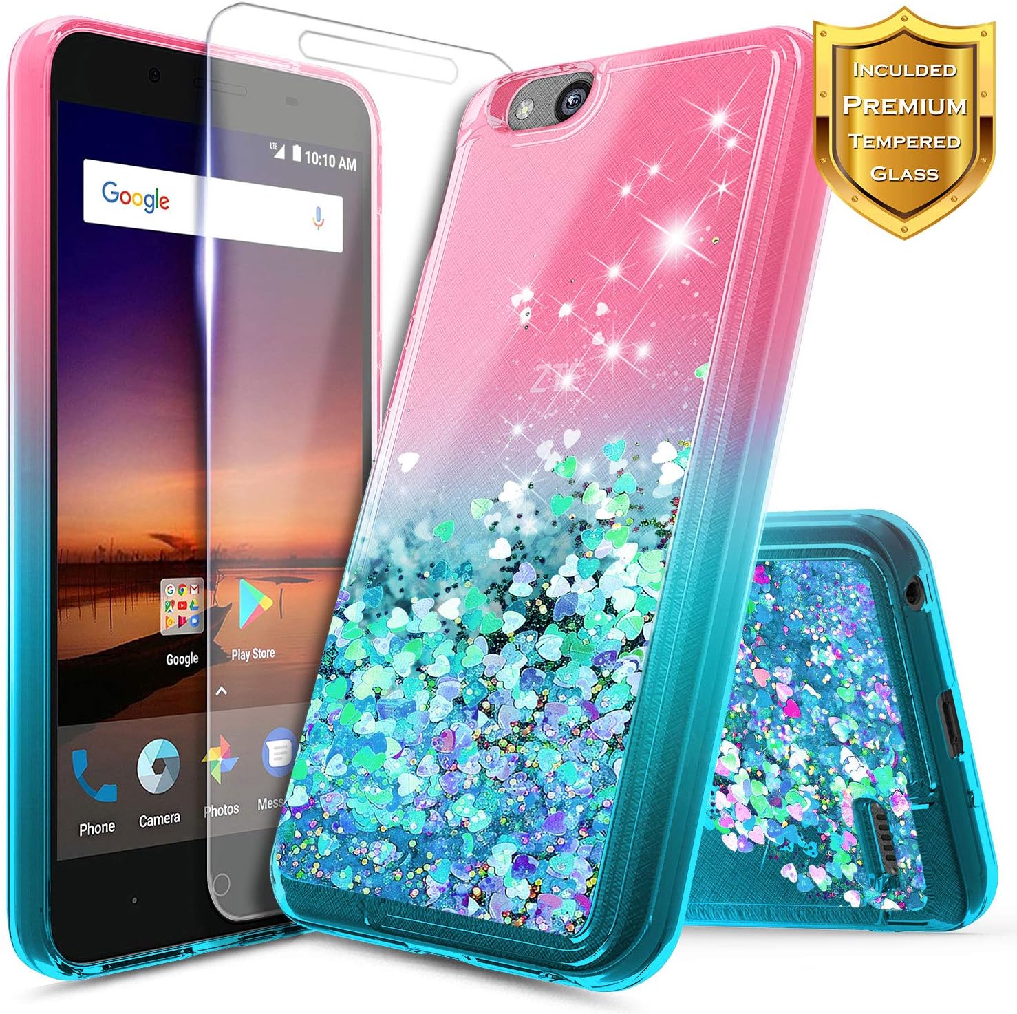 NageBee Glitter Liquid Case Compatible for Blade Vantage/Fanfare 3 /Avid 4 /Tempo X/AVID (557)/ZFive G/ZFive C LTE (Z557BL,Z558VL)/Tempo GO w/[Tempered Glass Screen Protector]-Pink/Aqua