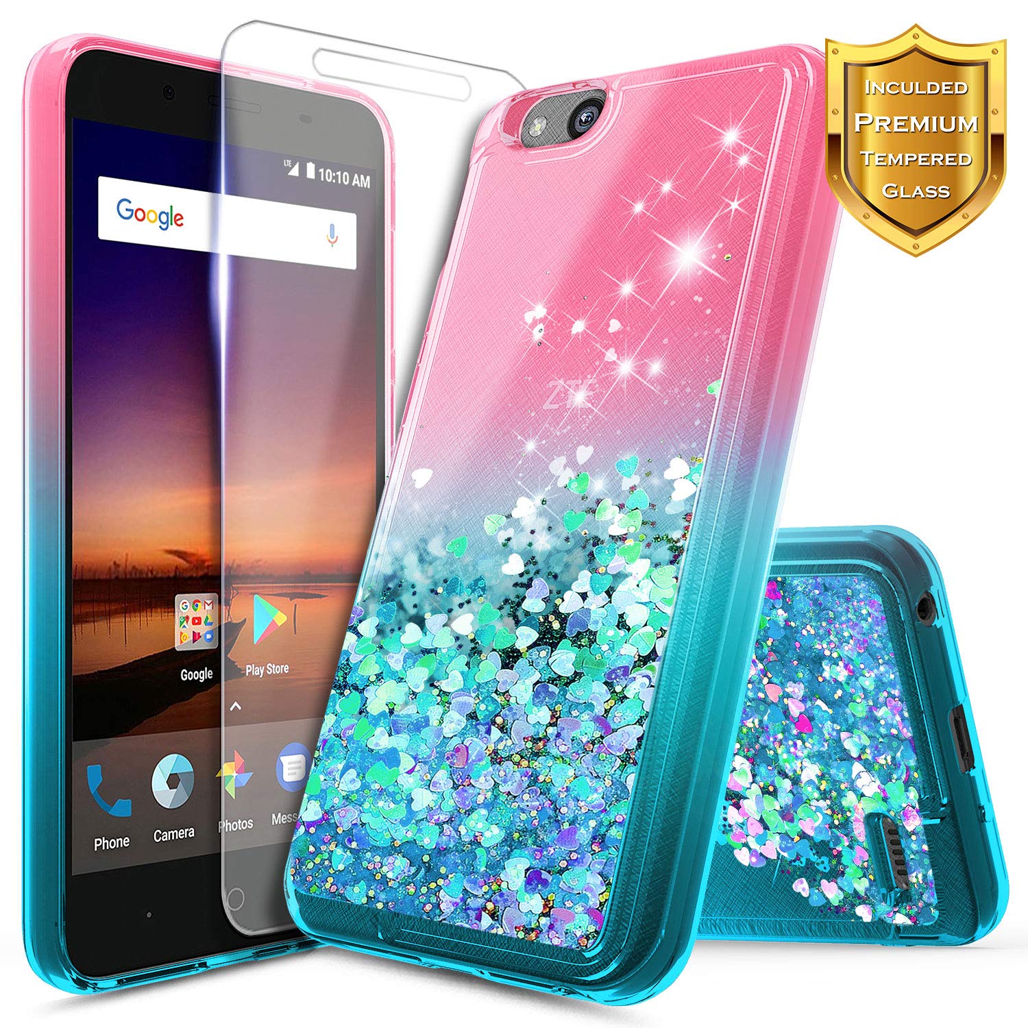 NageBee Glitter Liquid Case Compatible for Blade Vantage/Fanfare 3 /Avid 4 /Tempo X/AVID (557)/ZFive G/ZFive C LTE (Z557BL,Z558VL)/Tempo GO w/[Tempered Glass Screen Protector]-Pink/Aqua