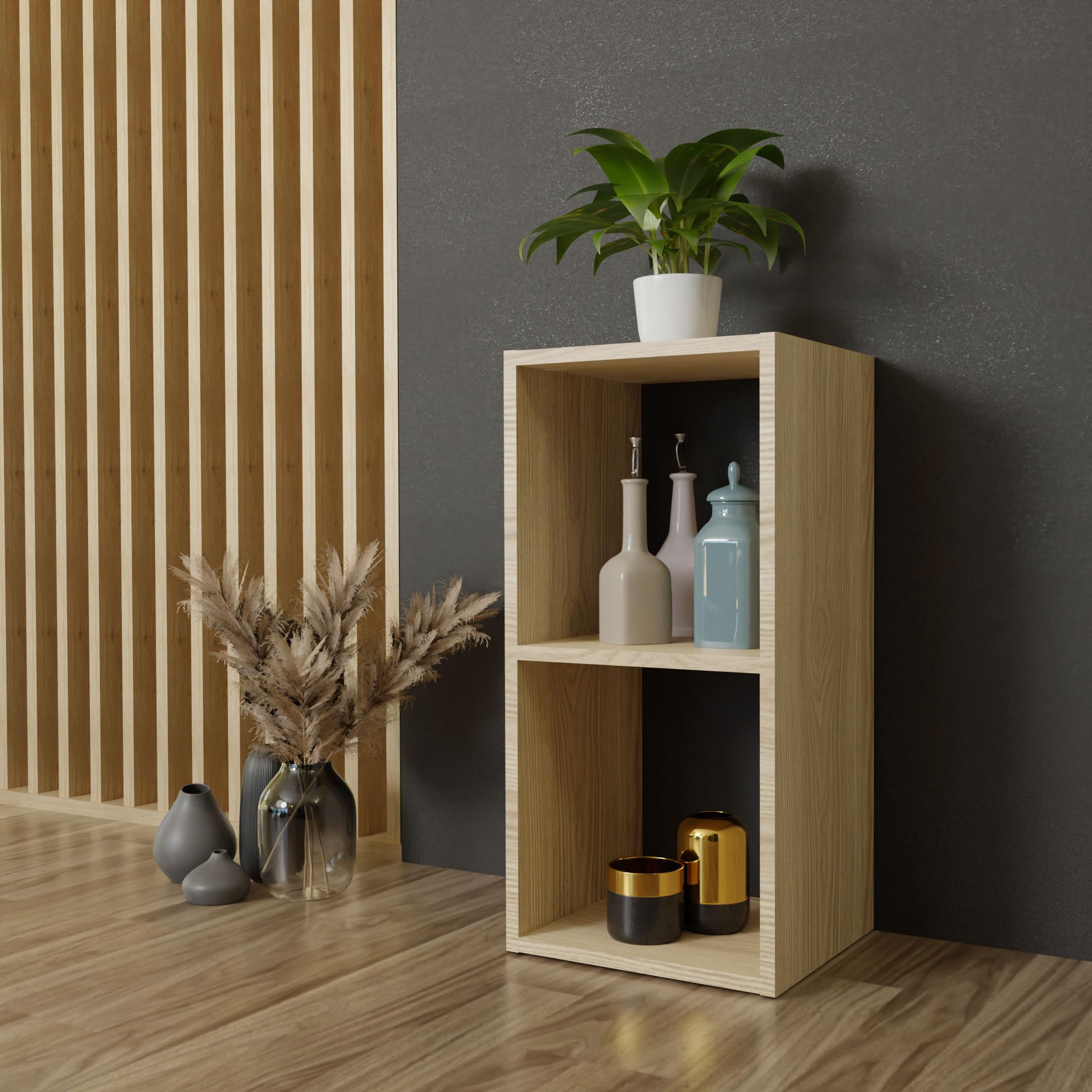 Séparateur de pièce en bois clair pour un salon chaleureux et ordonné
