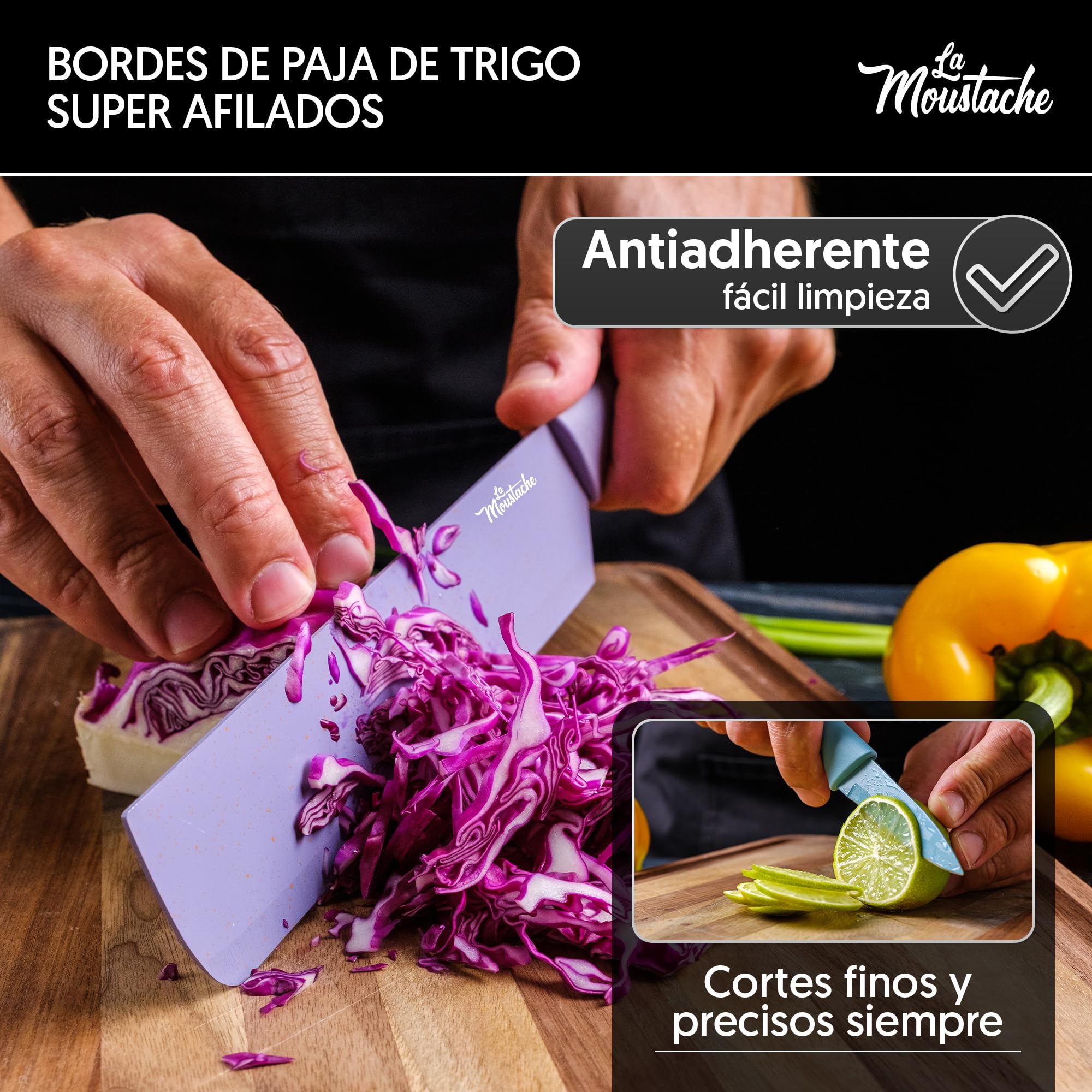 La Moustache Set de Cuchillos de Cocina Profesionales 6 Piezas Acero Inoxidable Antiadherente