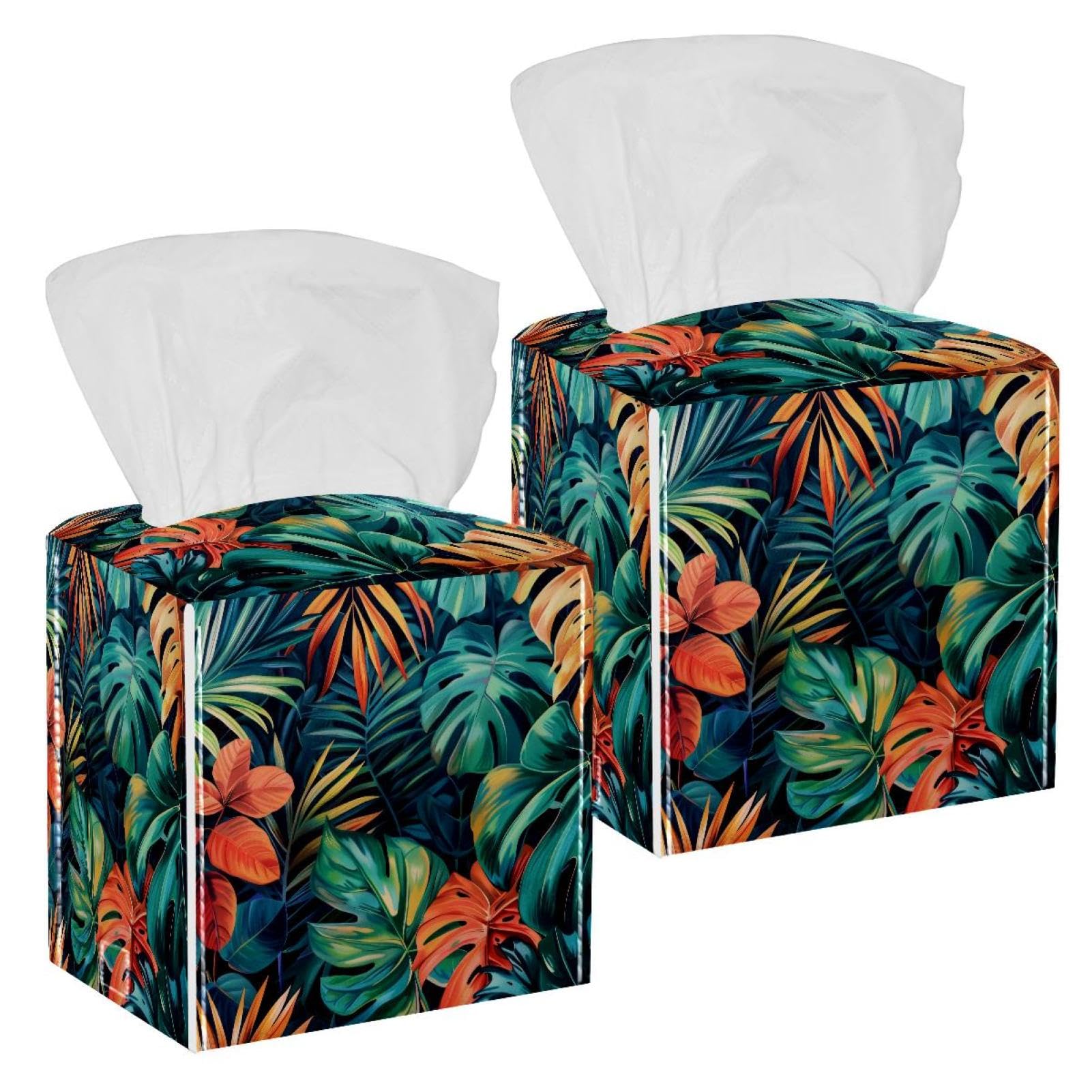 Tropical Palm Tissue Box Cover, 2 Pack PU Leather Square Facial Tissue Dispenser Box holder for Home Office Car