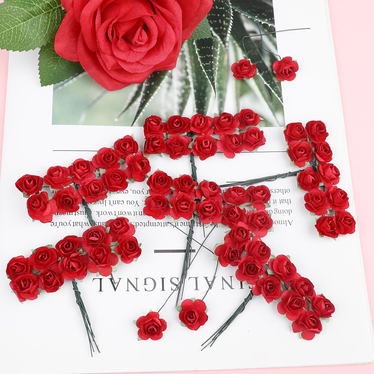 CCINEE 120pcs Mini Paper Flowers,Mulberry Paper 1/2" Artificial Rose Flower with Stem for DIY Crafts Projects Scrapbooking Wedding Decorations (Red) - Image 7