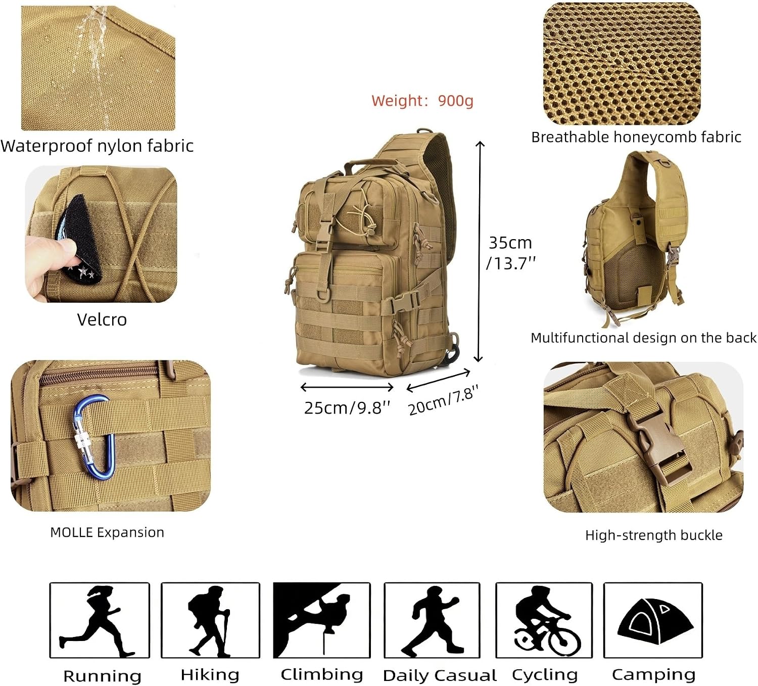 10L Tactical EDC MOLLE Sling Chest Bag for Camping, Fishing, Travel | Water & scratch resistant nylon sling bag, multi pockets, dual-shoulder, MOLLE webbing for outdoor EDC use