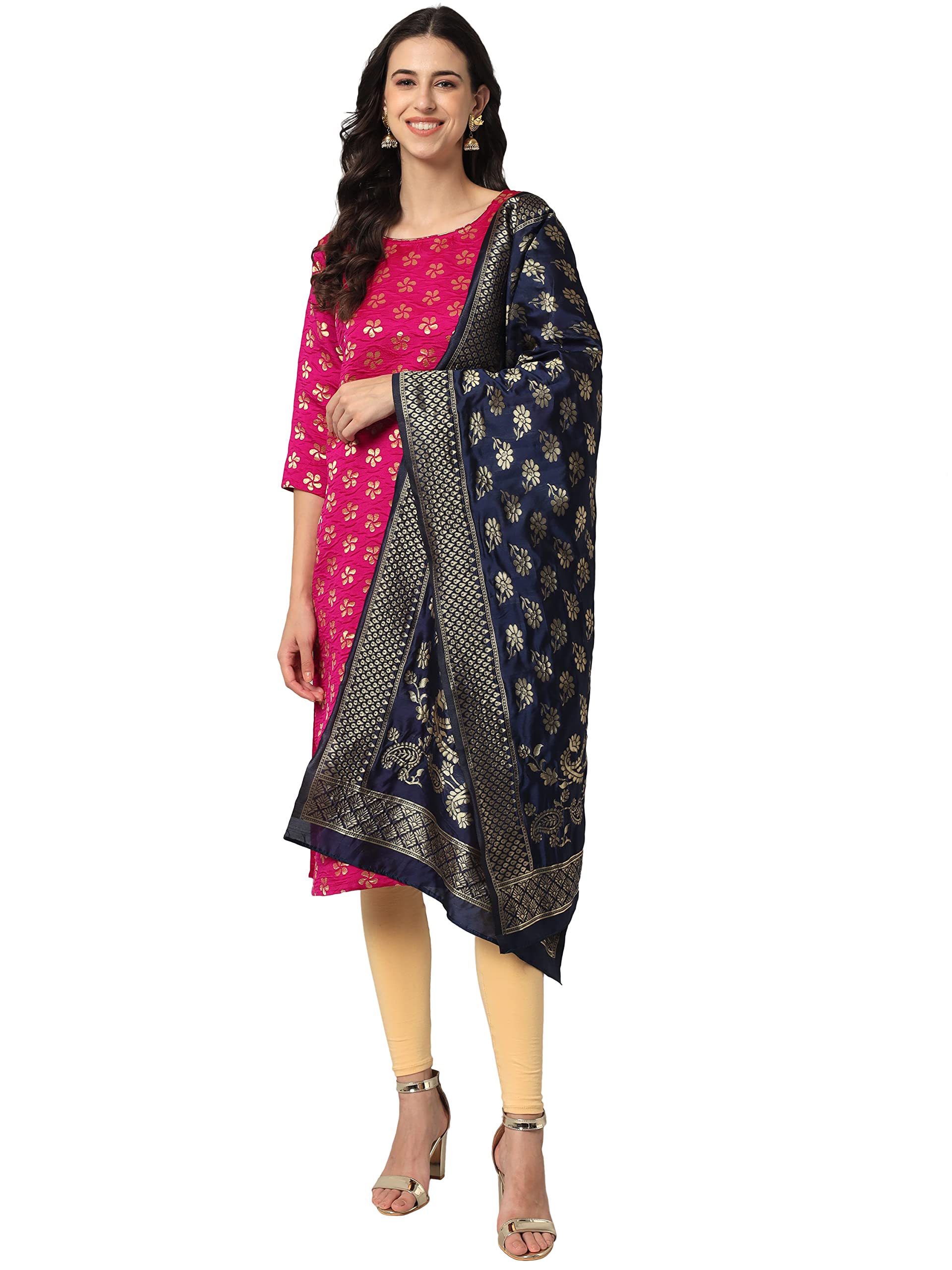 VredeVogel Women's Cotton Silk Blend Straight Kurta With Dupatta with Banarasi Silk Dupatta