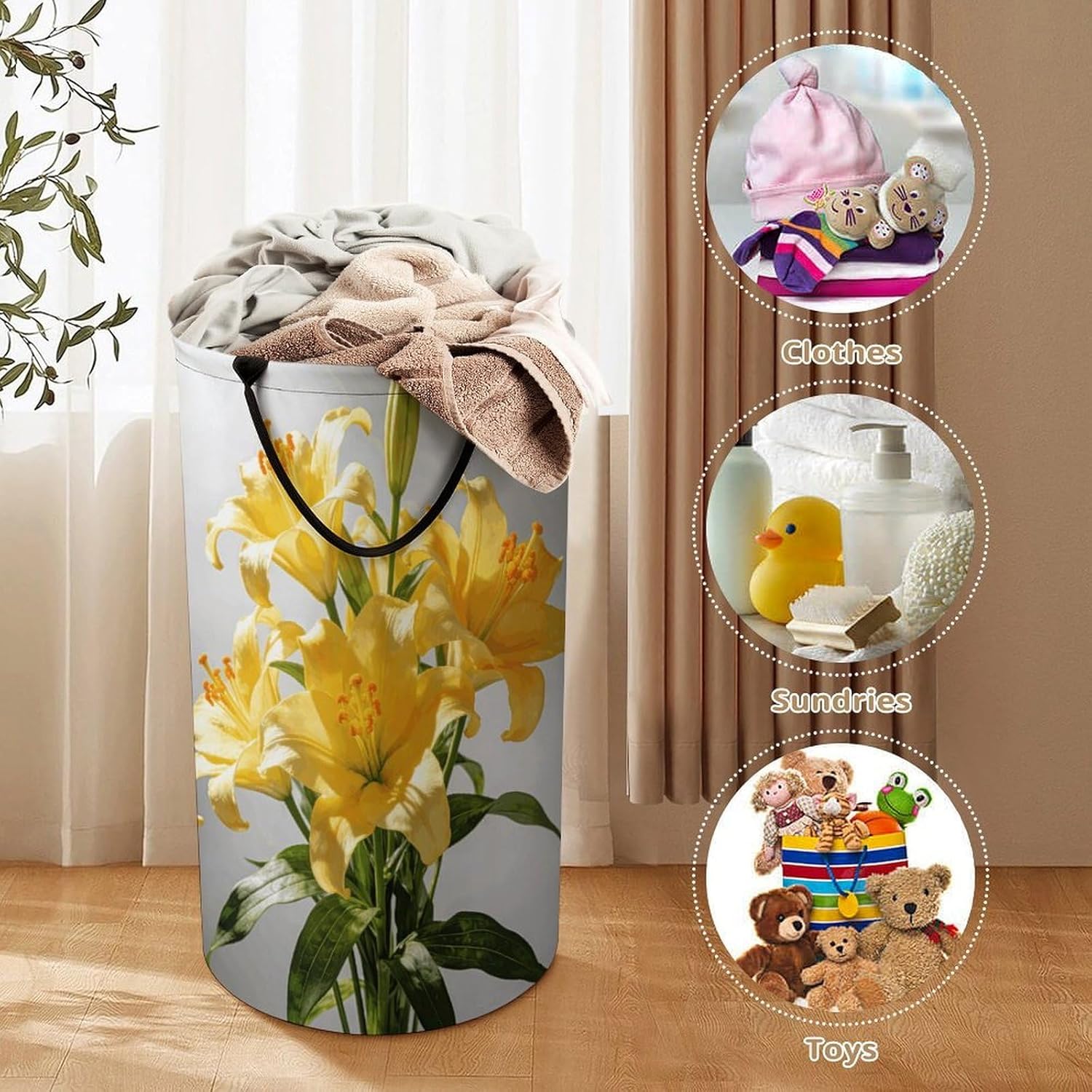 Yellow Lilies Laundry Hamper with Handles Waterproof Collapsible Laundry Basket Large Lightweight Round Dirty Clothes Hamper for Home Dorm Bathroom Decor