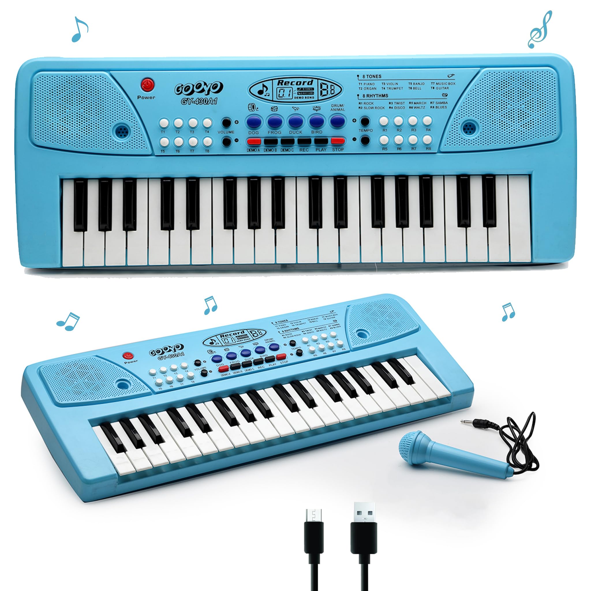 Gooyo GY-430CF 37-Key Musical Piano Keyboard with Microphone | 8 Rhythms, 8 Tones, 6 Demos, Song Record Feaure | Dual Power Supply (USB Included) | Blue Color | Gift Box Packaging