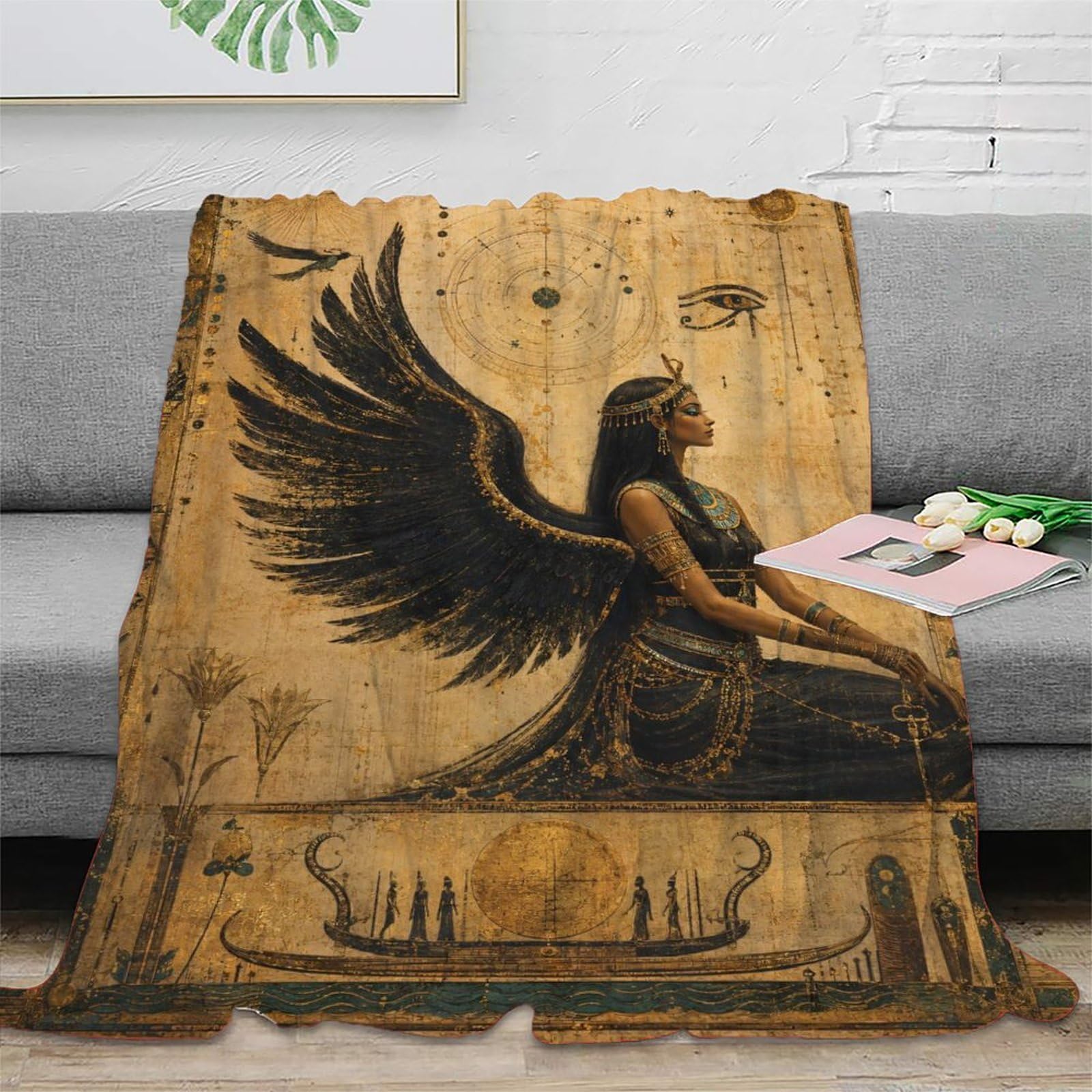 H3B8U2Y5 Egyptian Winged Goddess Papyrus Throw Blanket, Flannel, Travel