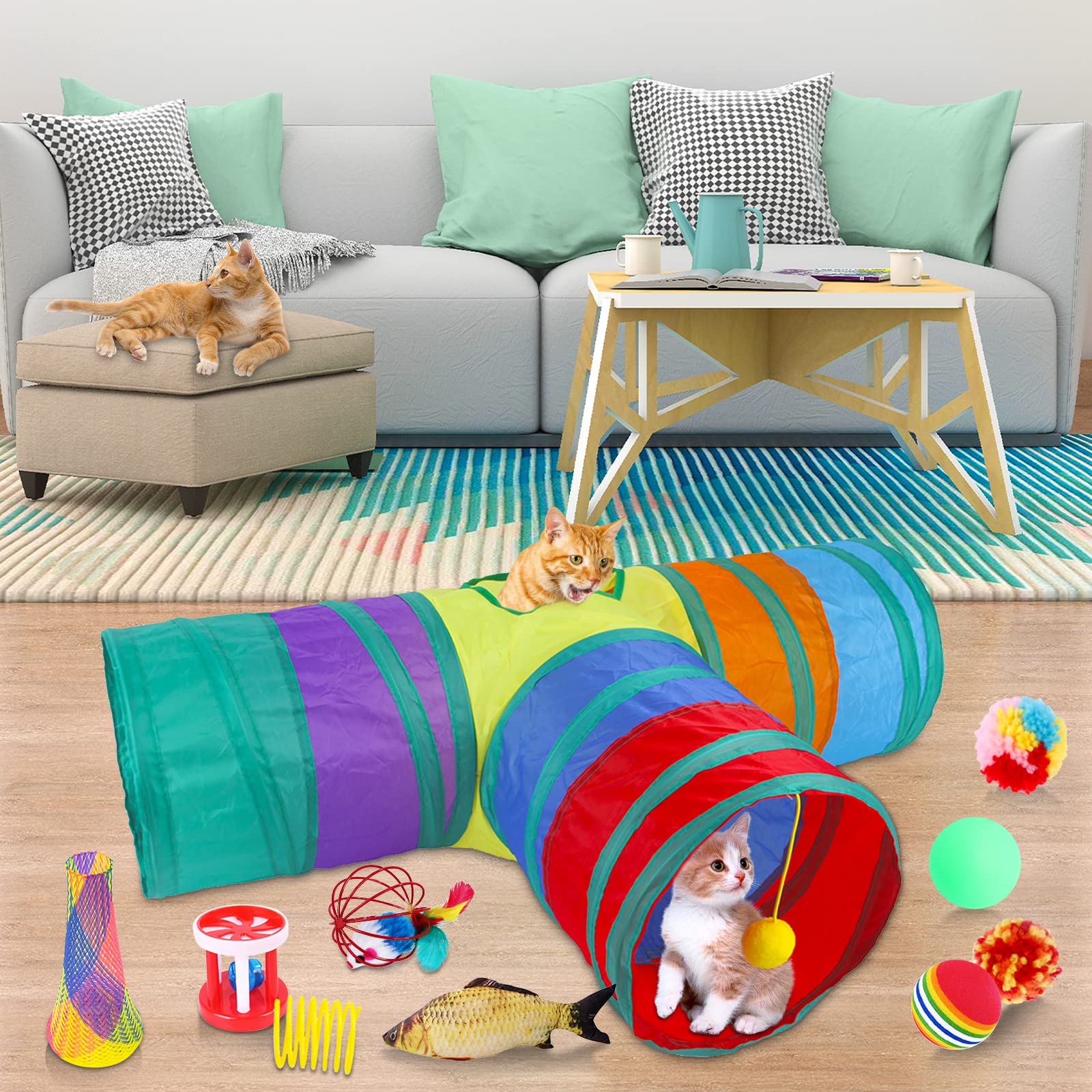 Juguetes para Gatos - Set 33pcs Interactivo Con Túnel, Ratones, Hierba Gatera, Varita de Plumas, Peces, Bolas y Campanas