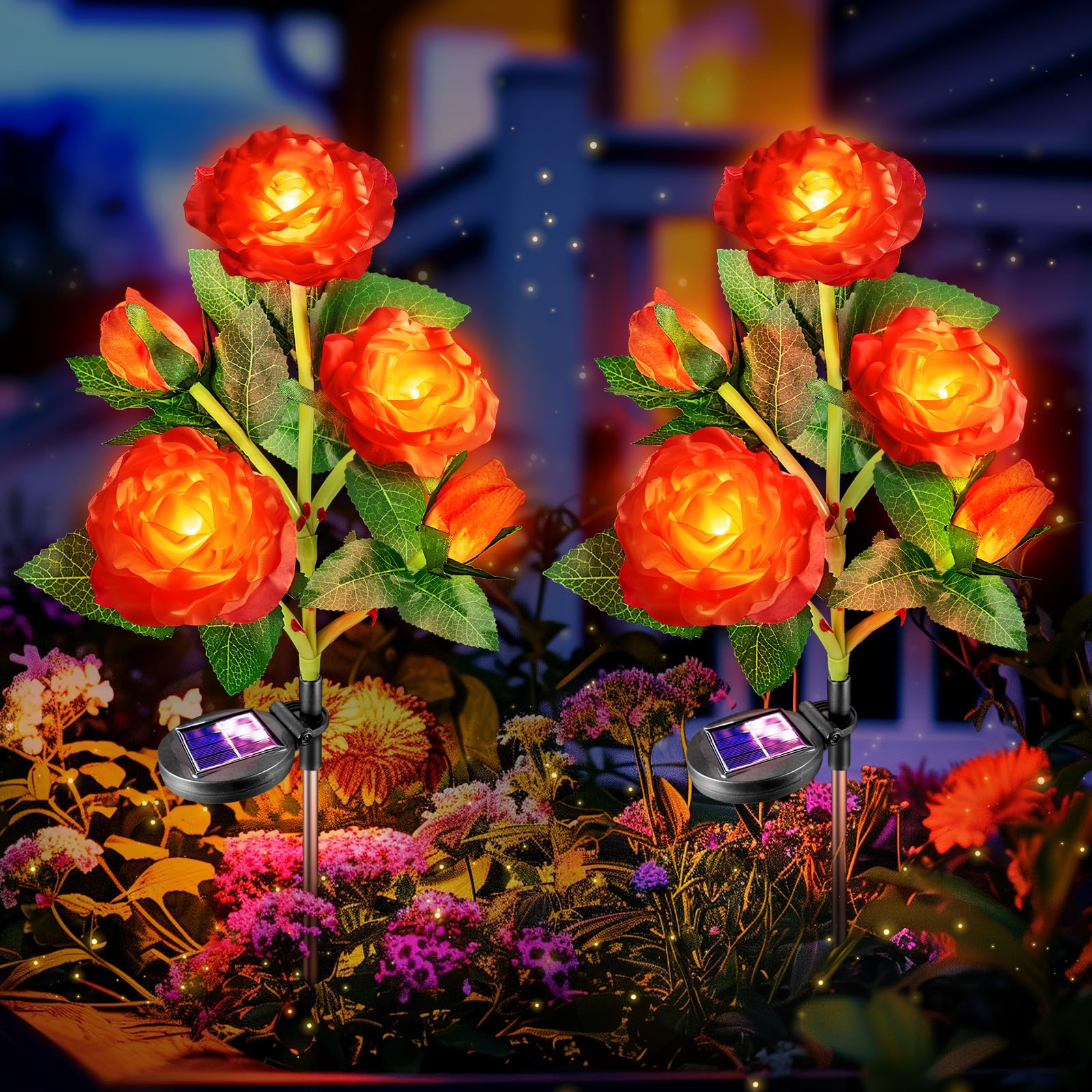 Anordsem Solar Garden Lights Outdoor: 10 Artificial Fabric Red Roses Flowers 2 Pack- LED Flower Decorations for Cemetery Grave Pathway Yard- Mothers