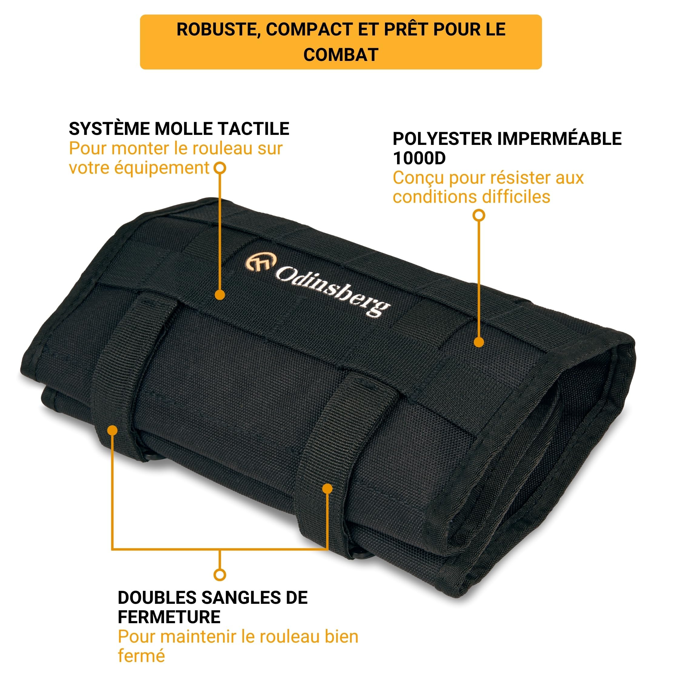 Odinsberg Sac à Outils Moto Enroulable - Outils NON inclus - Sacoche avec 56 élastiques, poche, système MOLLE et double fermeture pour protéger et organiser la trousse à outils