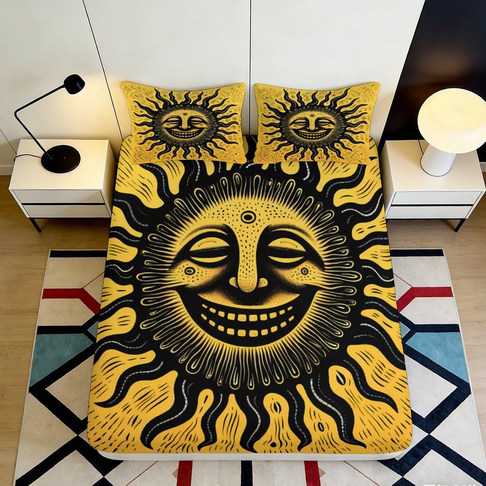 3D Printed Smiling Sun Fitted Sheet Microfiber Soft Breathable Happy Sun Mattress Cover for Bedroom Dormitory Guest Room Mattress Protection Decor 140x200x25cm