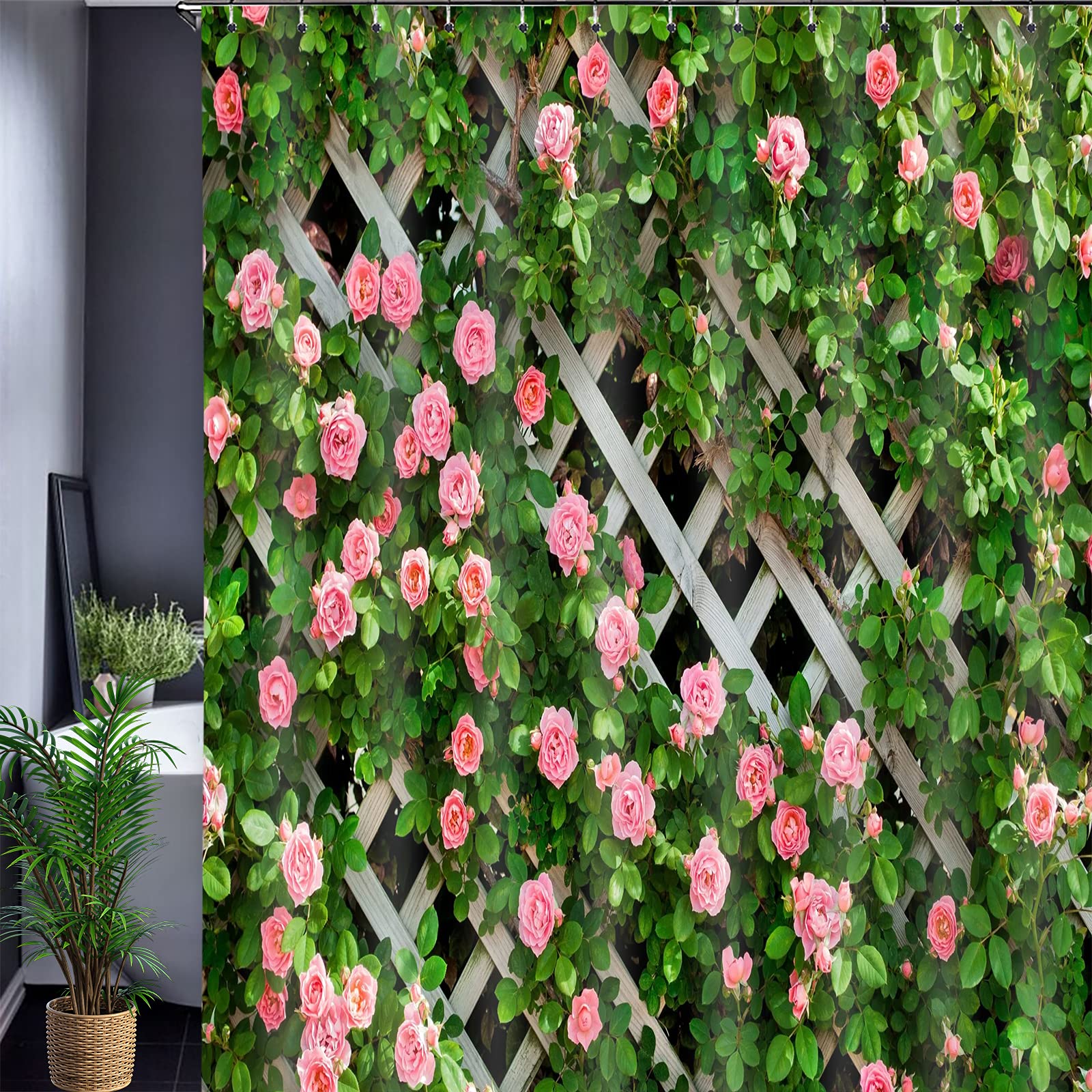 JOOCAR Garden Shower Curtain, Rustic Decor Rosemary Roses Flower on Fence - Image 3