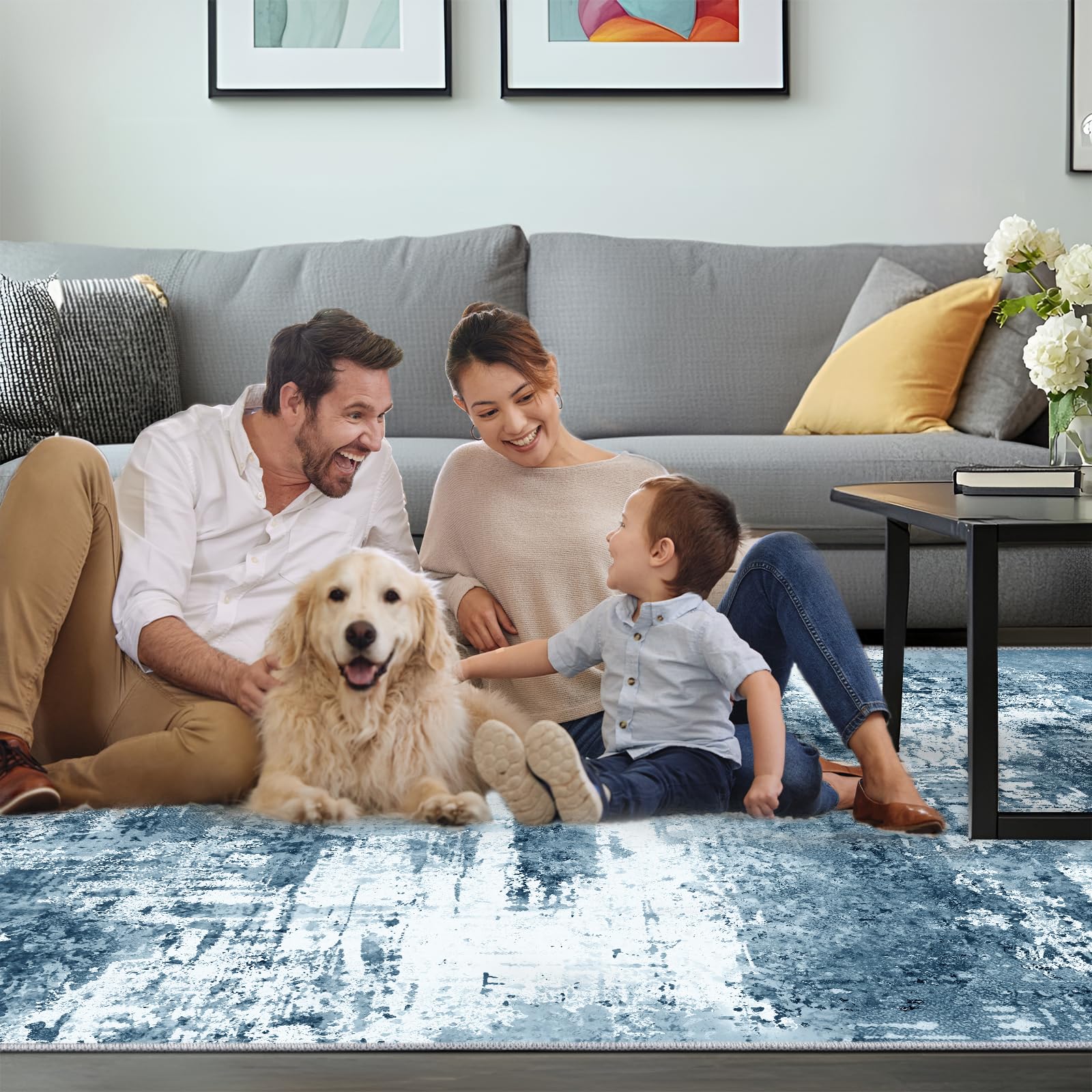 MAST DOO Tappeto moderno a pelo corto, grande, astratto, lavabile, antiscivolo, blu scuro, 160 x 230 cm